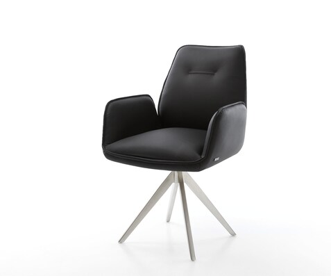 Chaise-de-salle-à-manger Zoa-Flex cuir de vache noir pied croisé angulaire acier inoxydable brossé ressorts ensachés