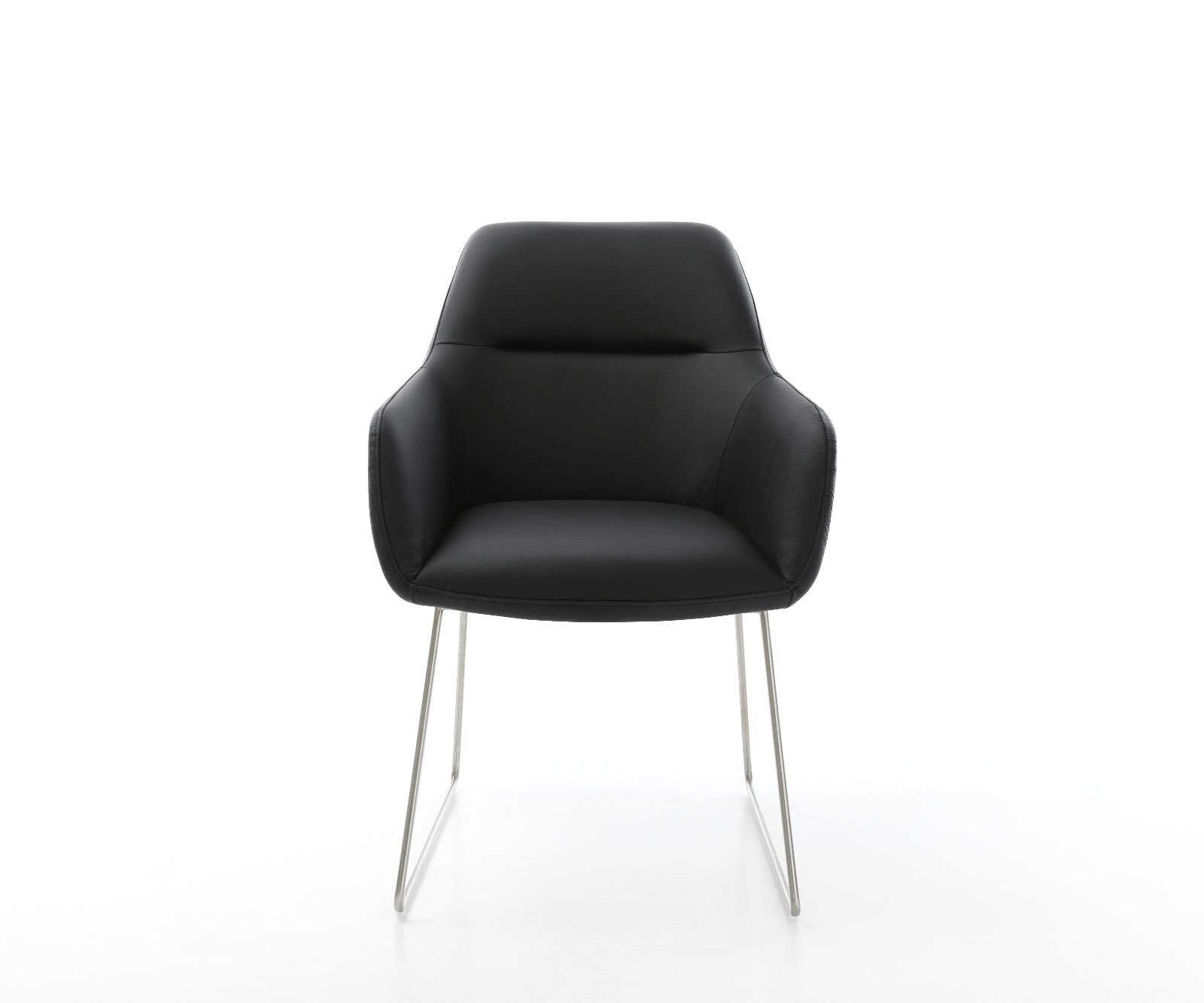 Chaise-de-salle-à-manger Pejo-Flex cuir de vache noir pied trapèze acier inoxydable brossé ressorts ensachés 1