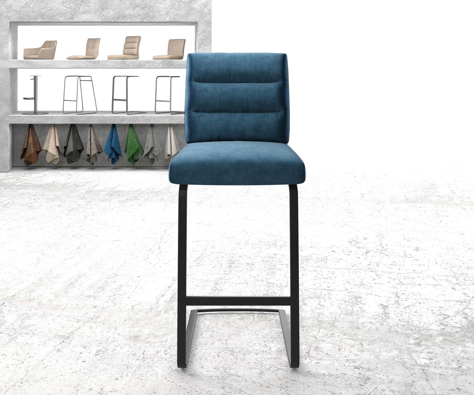 Chaise-de-bar Pela-Flex velours bleu chaise cantilever métal plat 1 Chaise-de-bar Pela-Flex velours bleu chaise cantilever métal plat 1