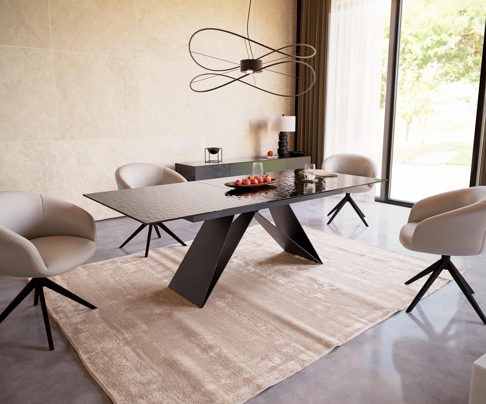 Table à manger Edge 180-220x100 verre fondu noir fumé relief en 3D cadre en V acier plat noir extensible 6