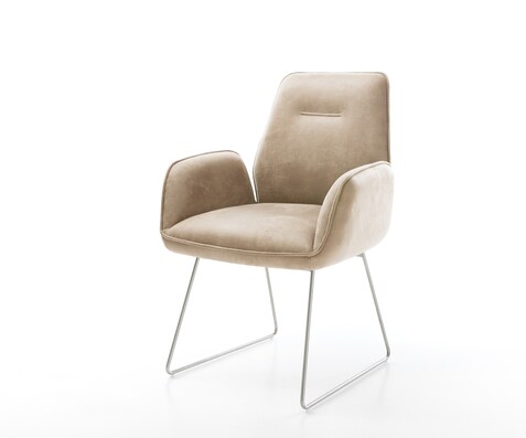 Chaise-de-salle-à-manger Zoa-Flex microvelours beige vintage pied trapèze acier inoxydable brossé ressorts ensachés