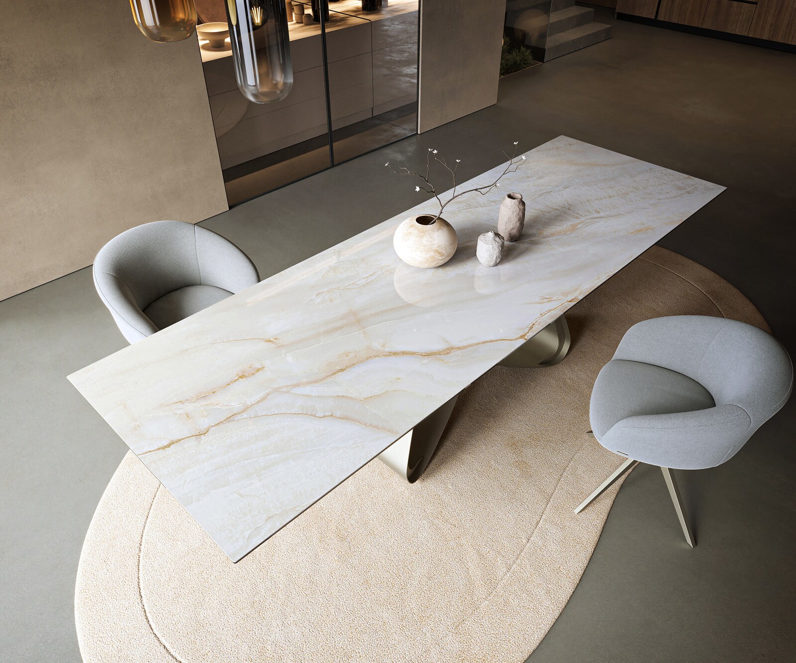 Table à manger Edge 300x100 cm céramique Onyx Pearl piètement en W métal finition effet titane 4