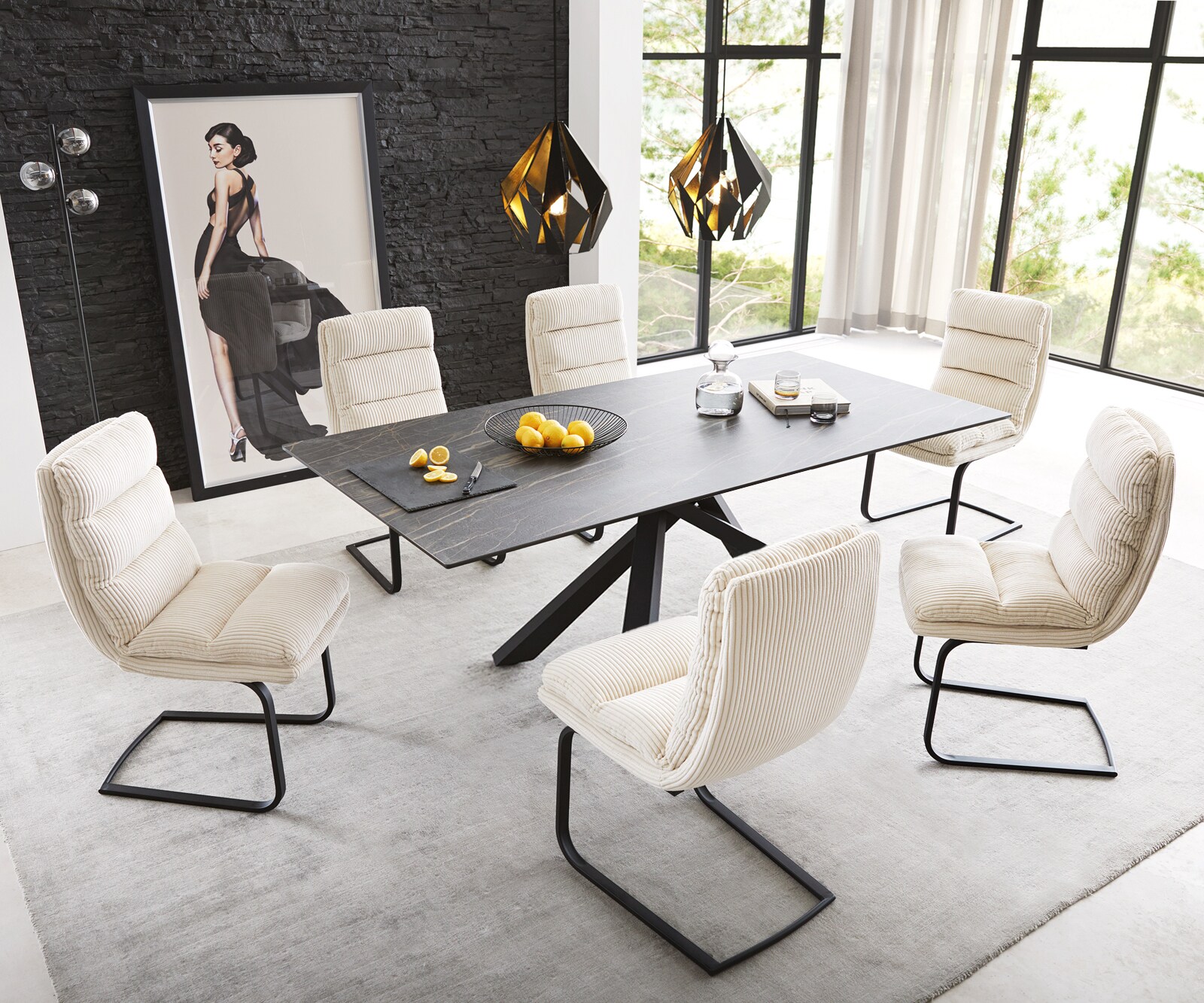 Table-à-manger Edge 200x100cm Laminam® céramique marron pieds milieu croisé noir 5