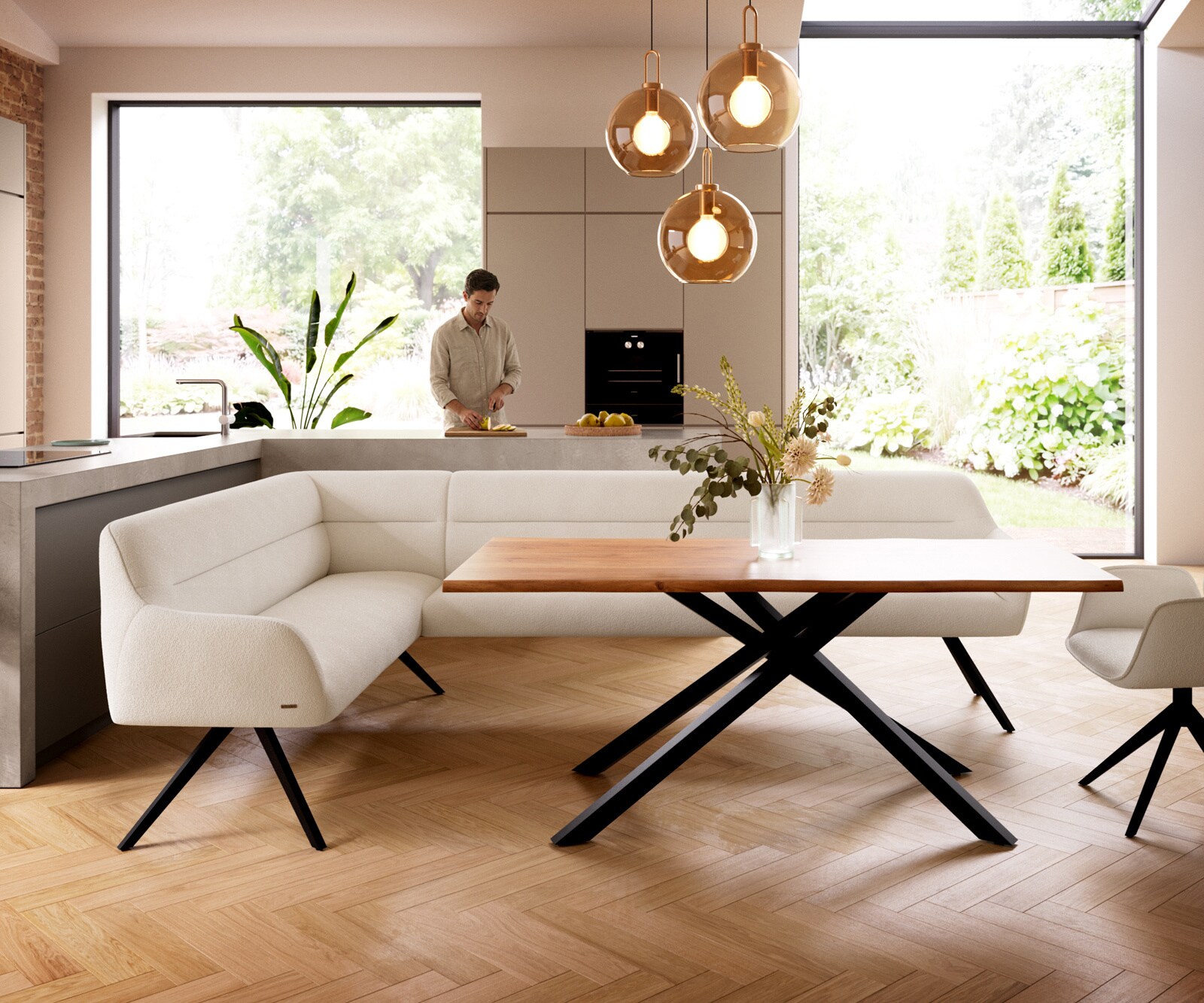 Banc-de-salle-à-manger Taya-Flex 285x190 cm bouclé crème-blanc pied croisé angulaire noir ressort ensaché à droite 2