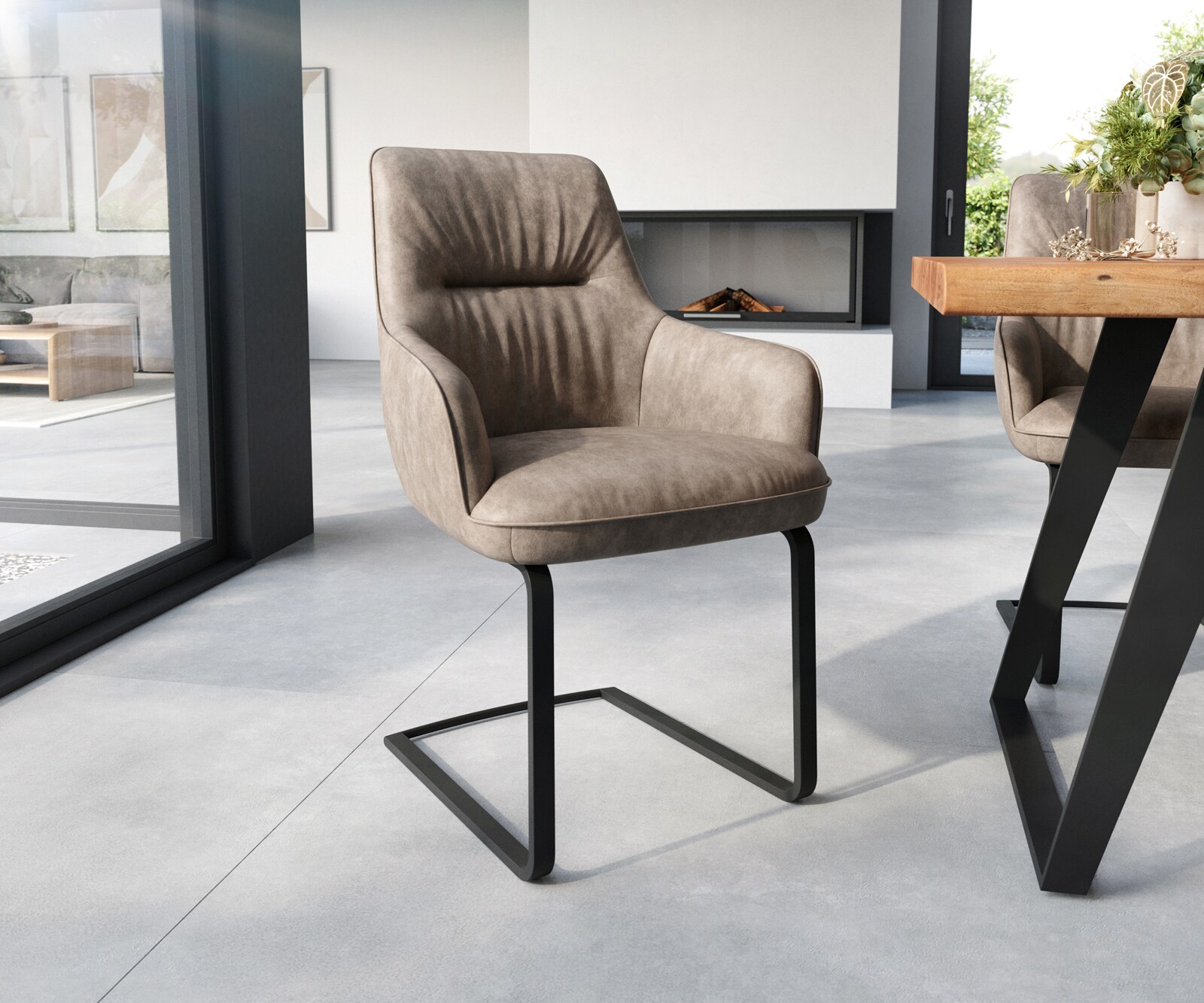 Cantilever Zelia-Flex avec accoudoirs microvelours taupe vintage pied cantilever plat noir ressorts ensachés