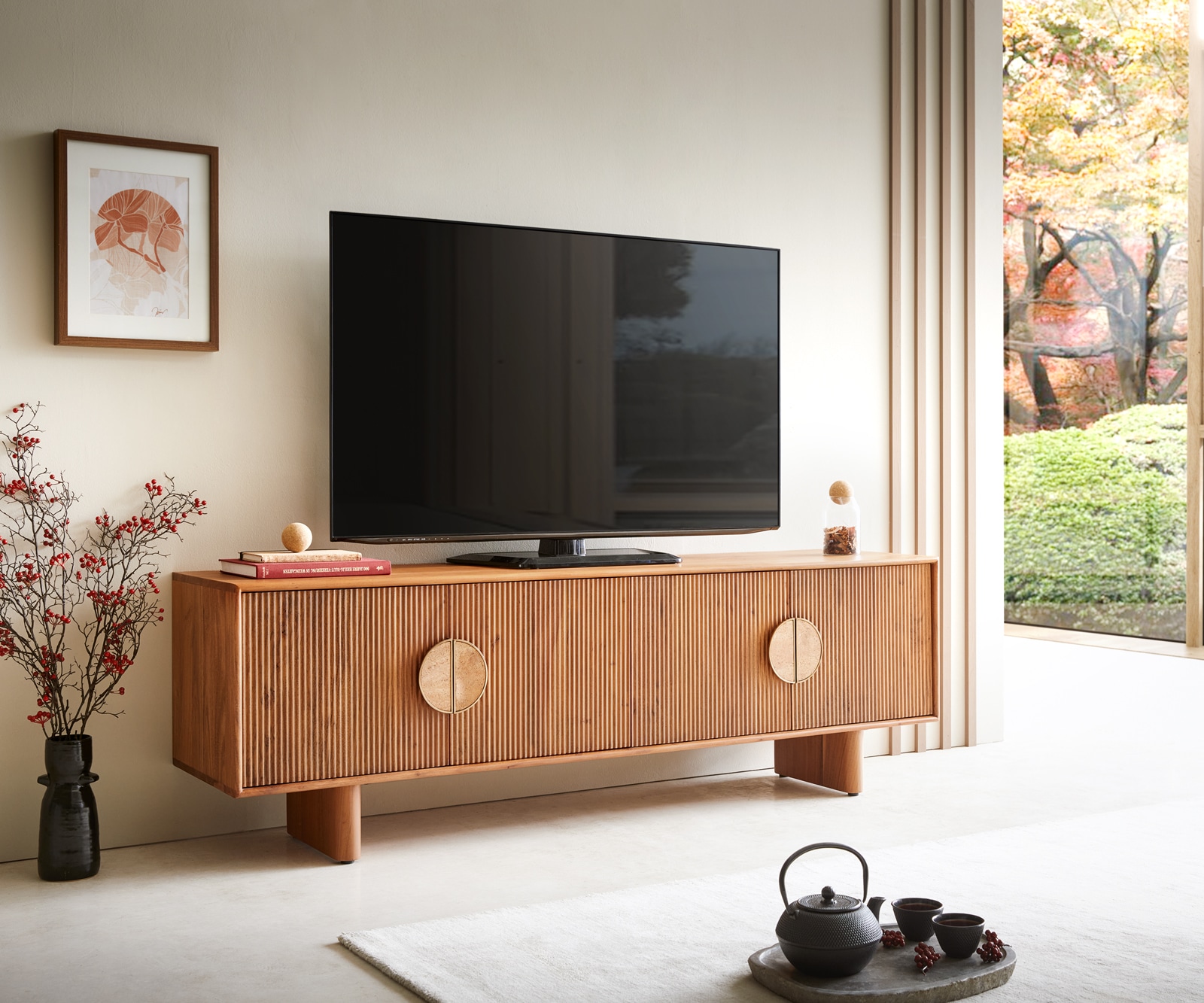 Meuble-TV Surimu 175 cm acacia brun clair 4 portes liège-poignée pieds en bois Meuble-TV Surimu 175 cm acacia brun clair 4 portes liège-poignée pieds en bois
