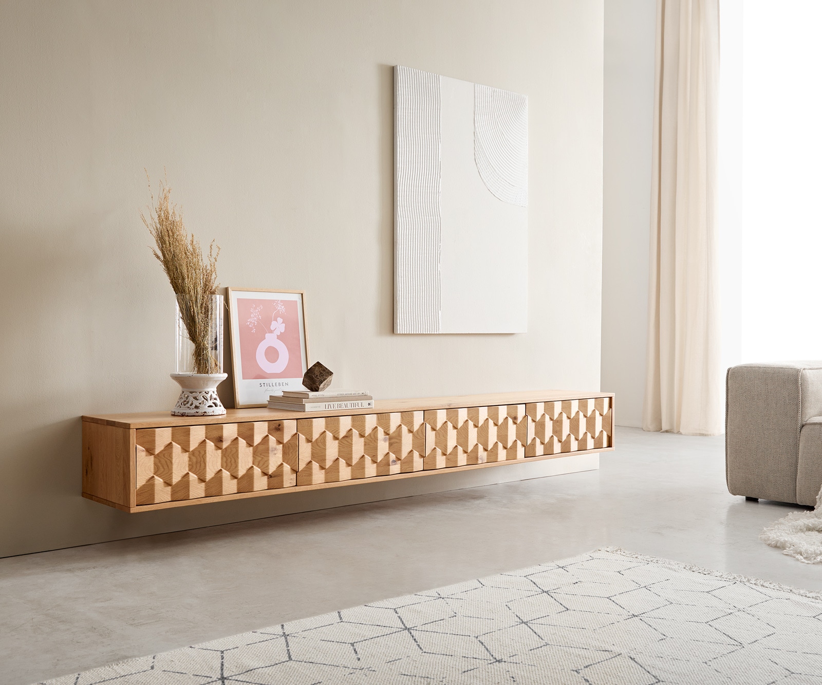 Meuble-TV Fevo 220 cm chêne naturel 4 portes flottantes Meuble-TV Fevo 220 cm chêne naturel 4 portes flottantes