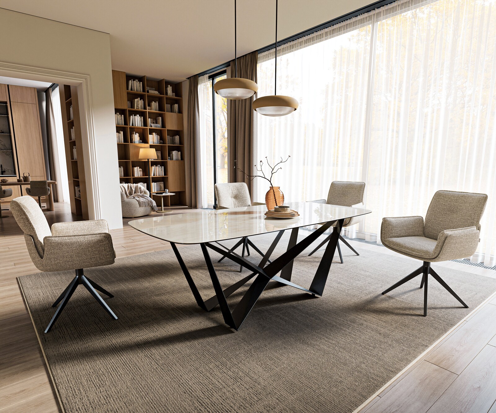 Table à manger Edge bateau 200x100 cm céramique Onyx Champagne Spider acier plat noir 6