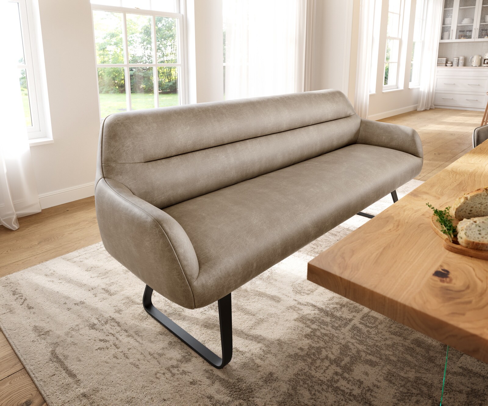 Banc-de-salle-à-manger Taya-Flex 200 cm microfibre beige vintage châssis à patins plat noir ressort ensaché