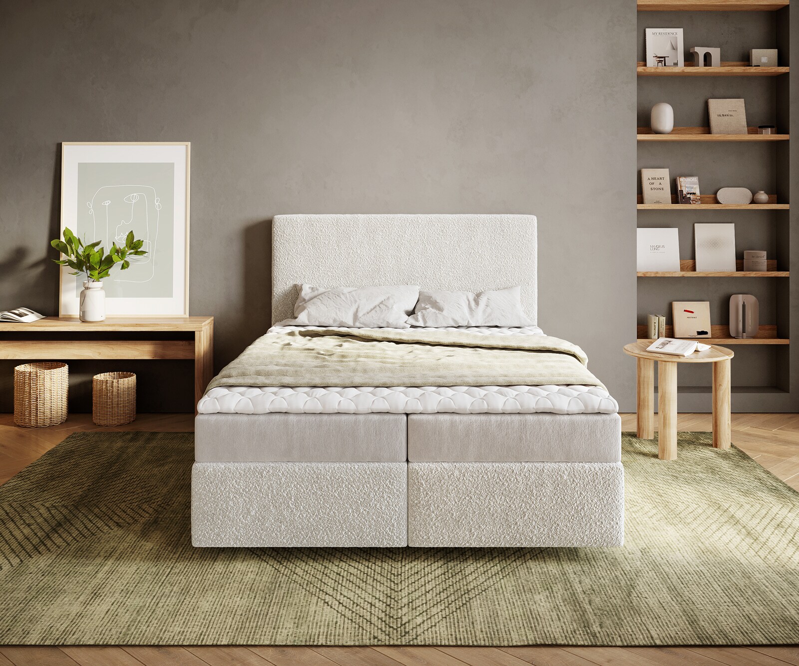 Lit-à-sommier-tapissier Dream-Well 140x200 cm Bouclé Crème-Blanc avec matelas et surmatelas 1