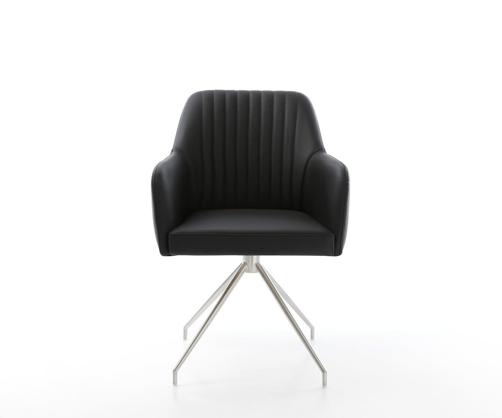 Chaise-de-salle-à-manger Greg-Flex cuir de vache noir pied croisé conique acier inoxydable brossé ressorts ensachés 2