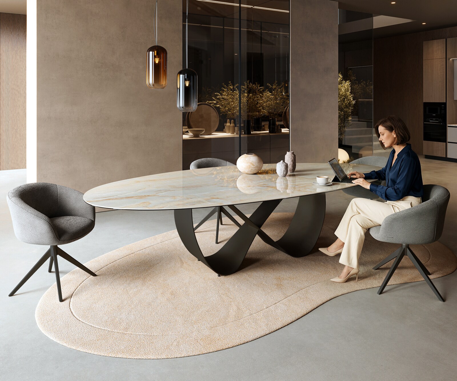 Table à manger Edge Oval 315x150 cm Céramique Iris FMG Onice Oro Infinity Métal Noir 6