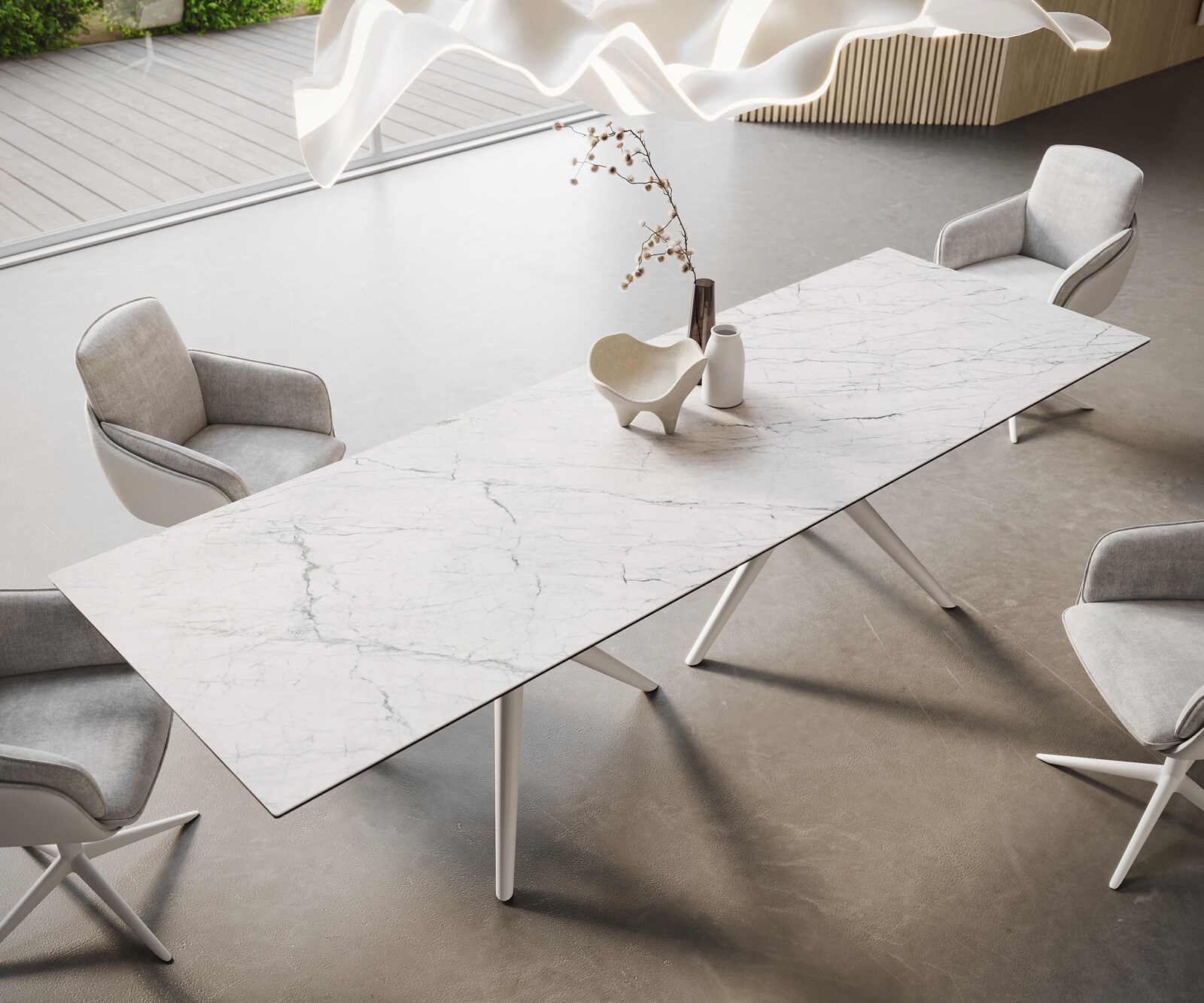 Table à manger Edge 300x100 Céramique Laminam®Statuarietto Blanc Estelar rond Métal Blanc 1