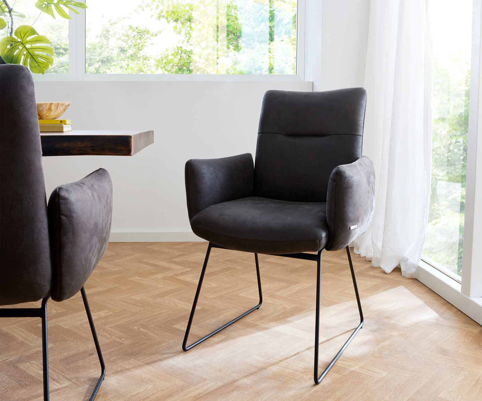 Chaise-de-salle-à-manger Jova-Flex avec accoudoirs microvelours anthracite vintage pied trapèze noir ressorts ensachés