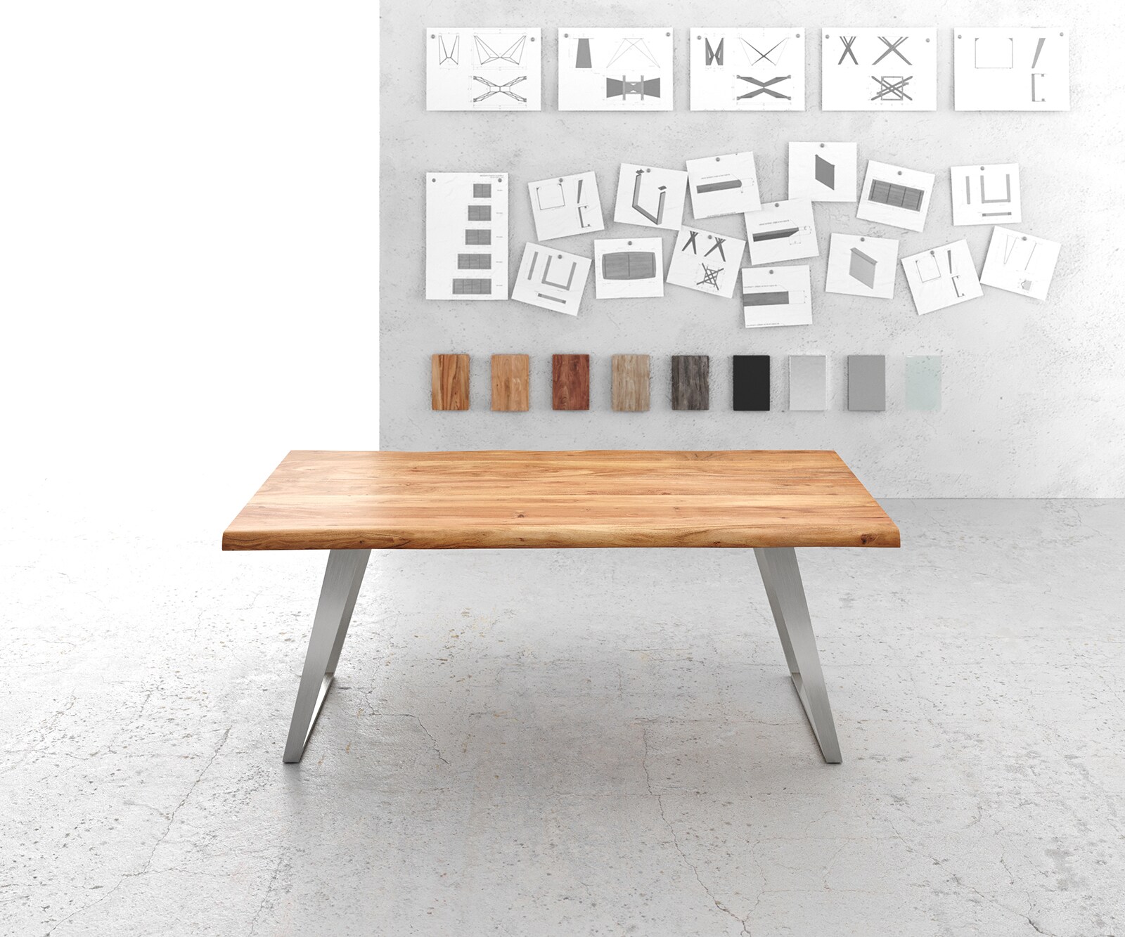 Table-à-manger Edge 200x100cm XL acacia nature acier inoxydable argent incliné Live-Edge 2