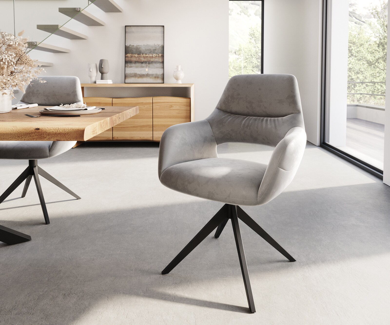 Chaise-de-salle-à-manger Yago-Flex avec accoudoirs velours gris pied croisé large noir ressorts ensachés