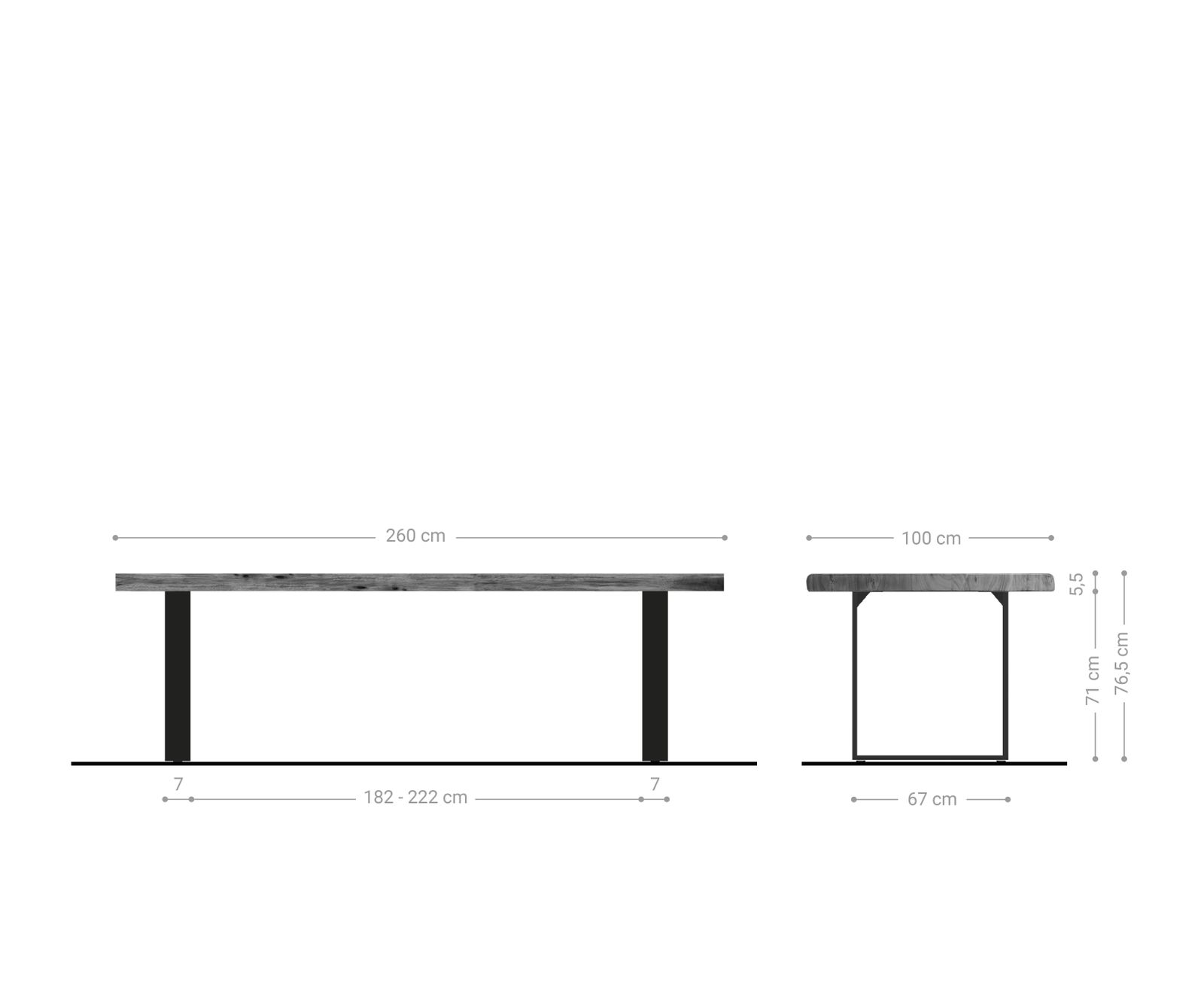 Table à manger Edge 260x100 XL acacia platine patin noir Live-Edge 6