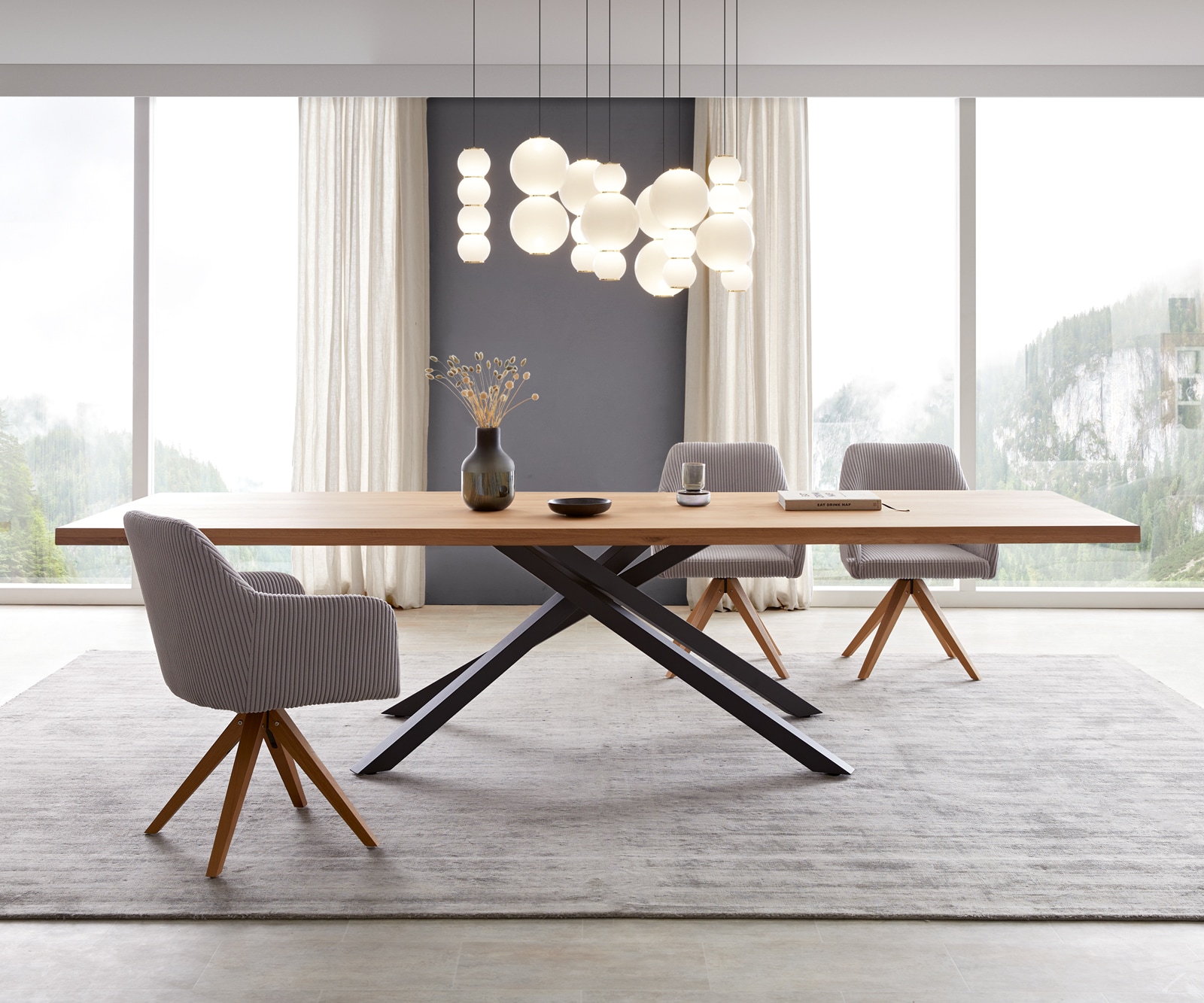 Table de salle à manger Edge 300x100 Chêne Naturel Cadre croisé Rectangle Noir Table de salle à manger Edge 300x100 Chêne Naturel Cadre croisé Rectangle Noir