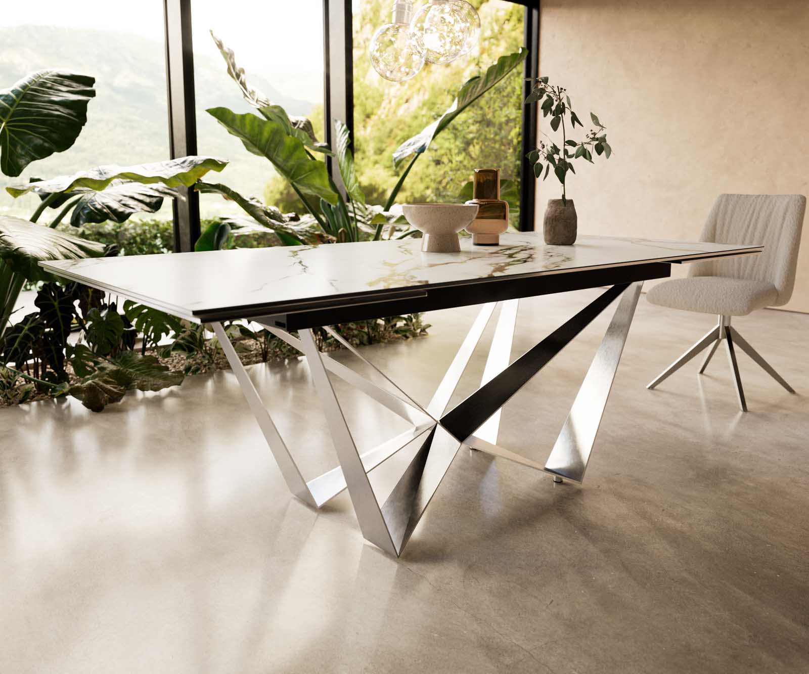 Table à manger Edge 200-300x100 céramique Calacatta Luxe blanc-doré-gris Spider acier plat acier inoxydable extensible 6