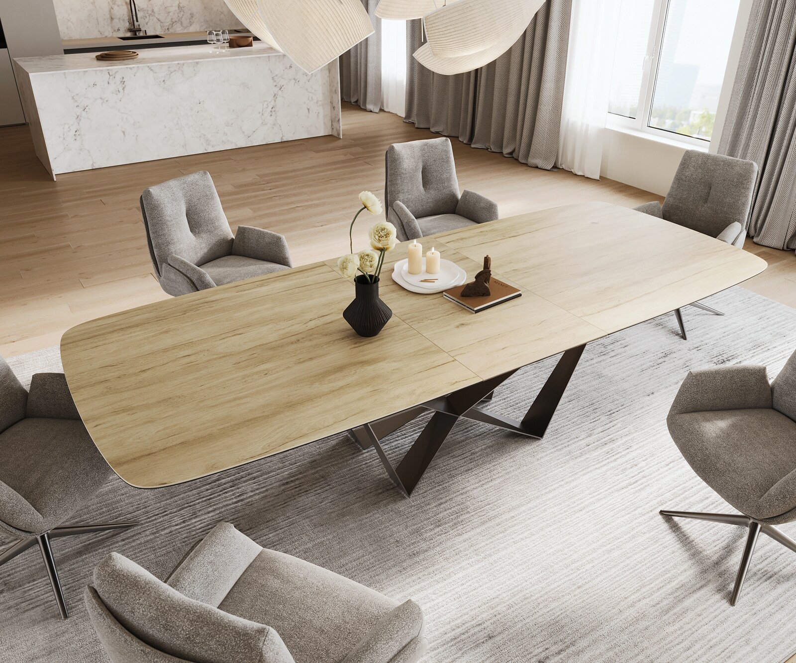 Table à manger Edge Boot 240-300x120 cm Céramique Laminam® Sabbia Eichefarbig Spider Flachstahl Acier inoxydable extensible 4