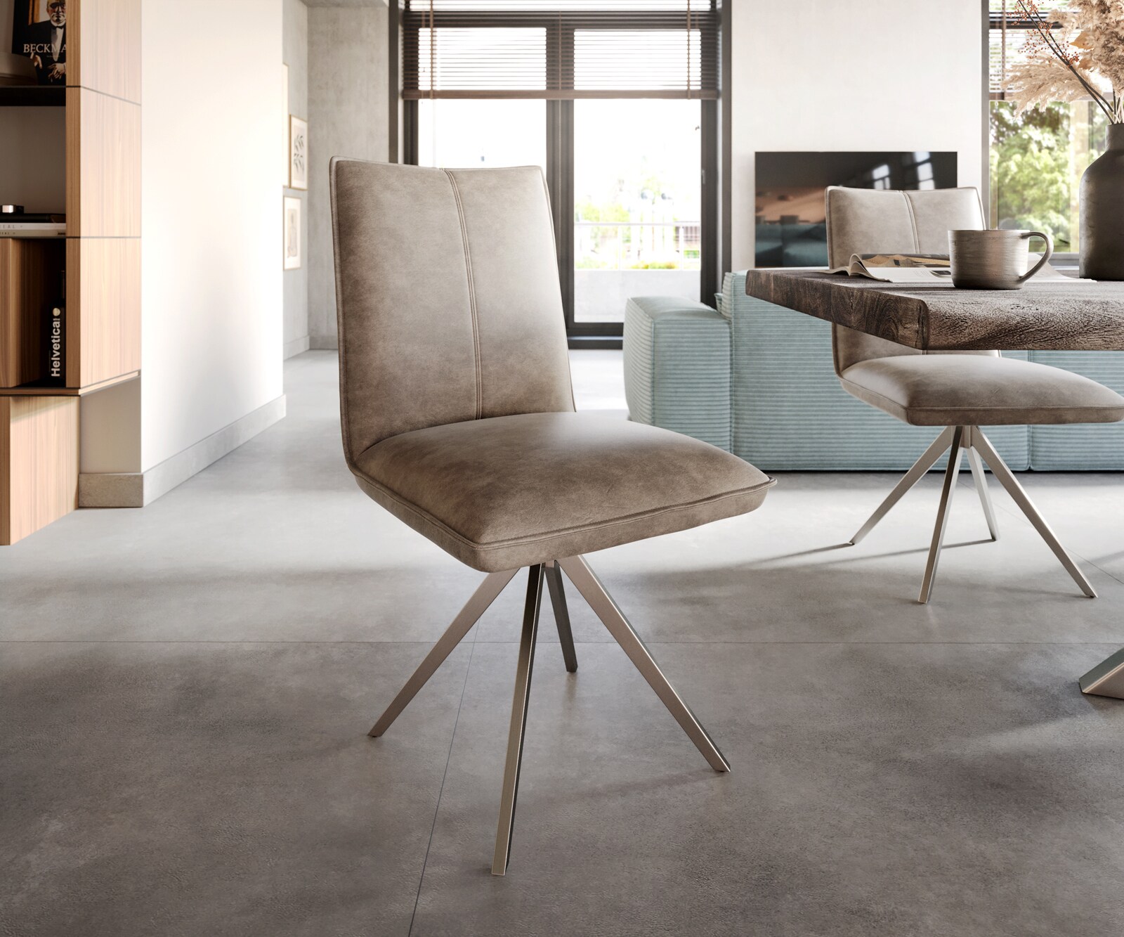Chaise-de-salle-à-manger Lelio-Flex microvelours taupe vintage pied croisé large acier inoxydable brossé ressorts ensachés