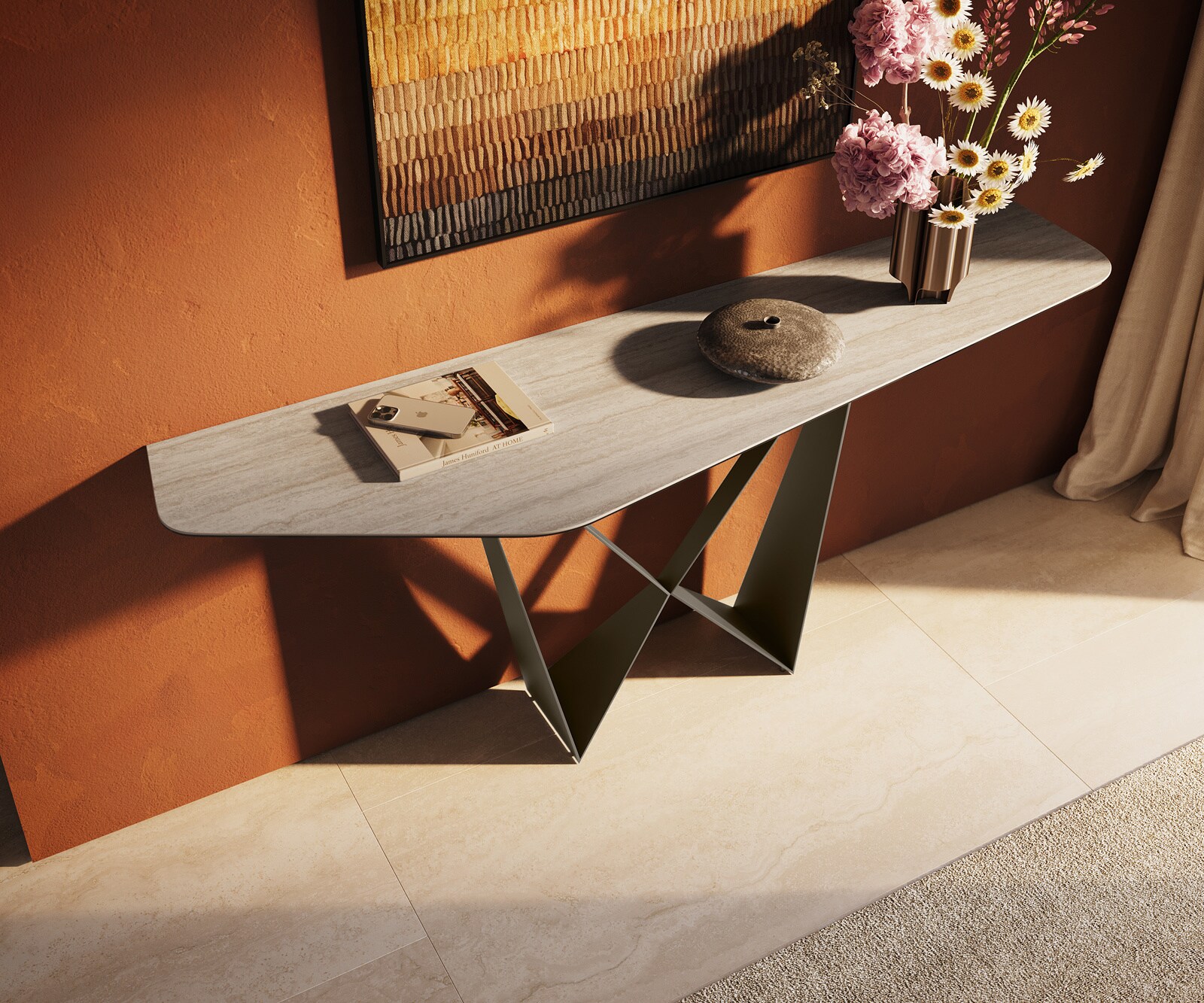 Console Edge Polygonal 180x50 cm Céramique Laminam® Travertino Bianco Creme-Weiß Spios Métal Effektfinish Titan 4