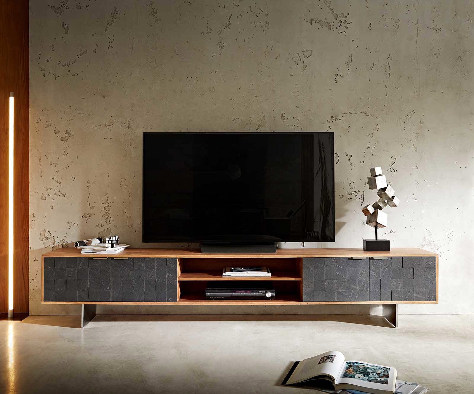 Meuble-TV Teele 240 cm acacia naturel ardoise 4 portes pied flottant inoxydable 1 Meuble-TV Teele 240 cm acacia naturel ardoise 4 portes pied flottant inoxydable 1