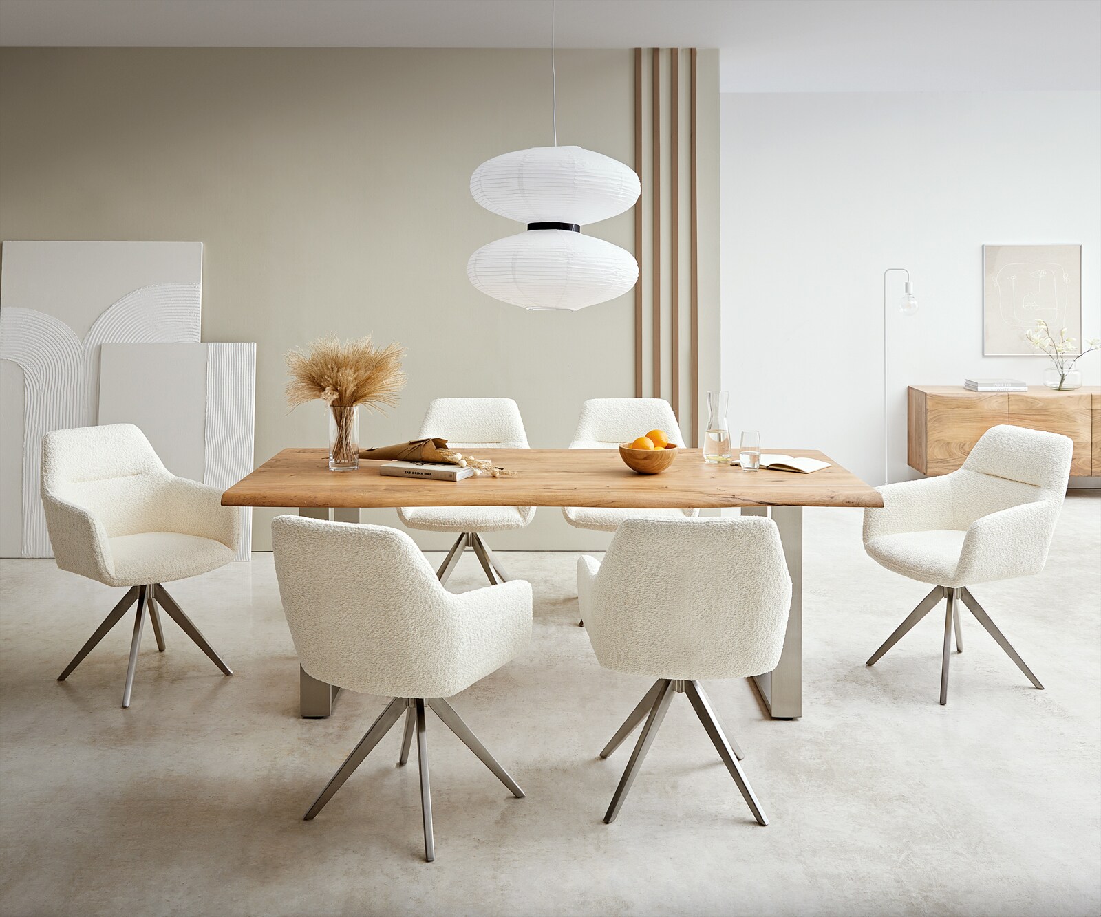Chaise-de-salle-à-manger Pejo-Flex bouclé blanc pied croisé angulaire acier inoxydable brossé ressorts ensachés 3