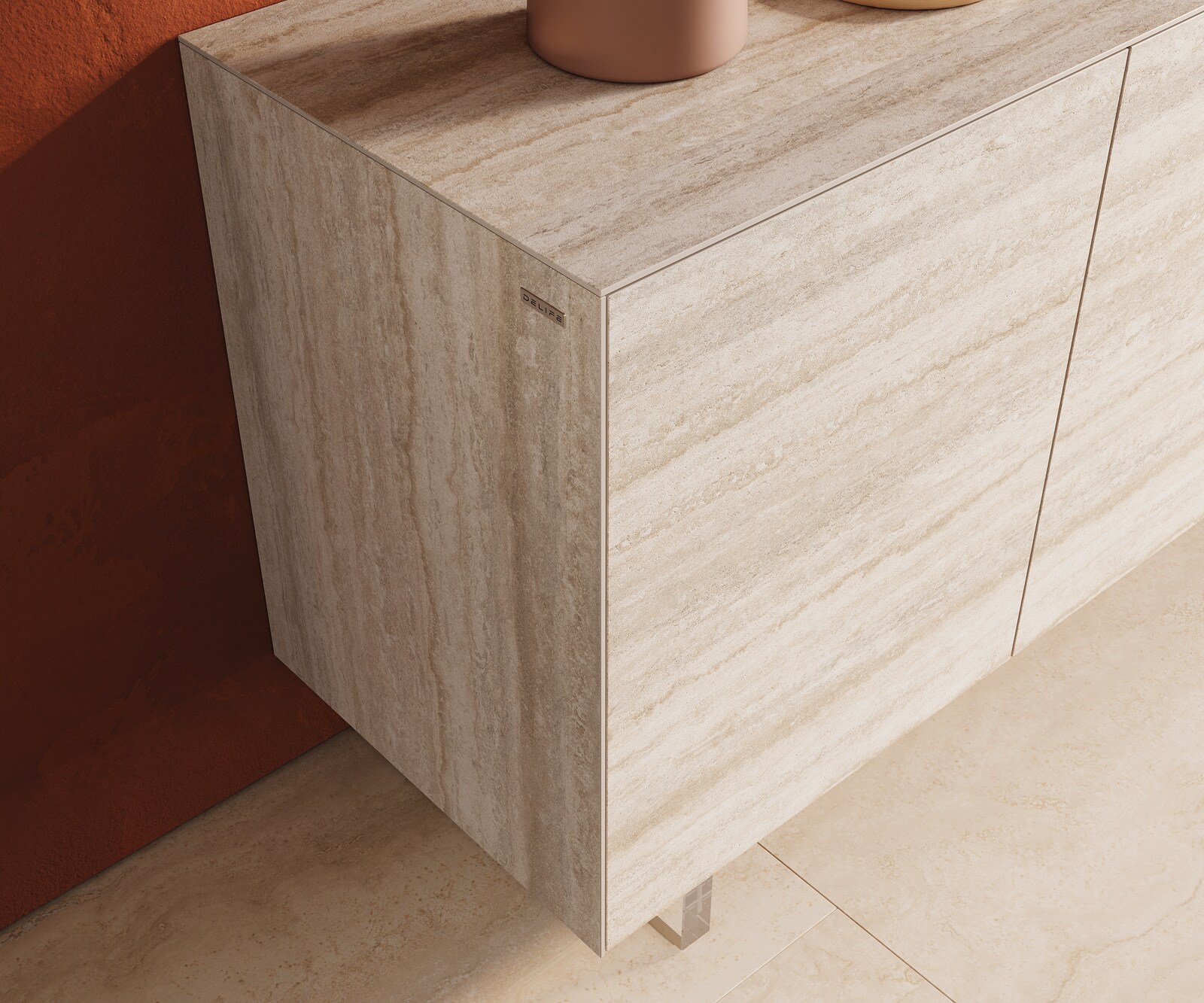 Buffet Cuor 150 cm Céramique Laminam® Travertino Bianco Crème-blanc 3 Portes Pied optique flottant Verre acrylique 5