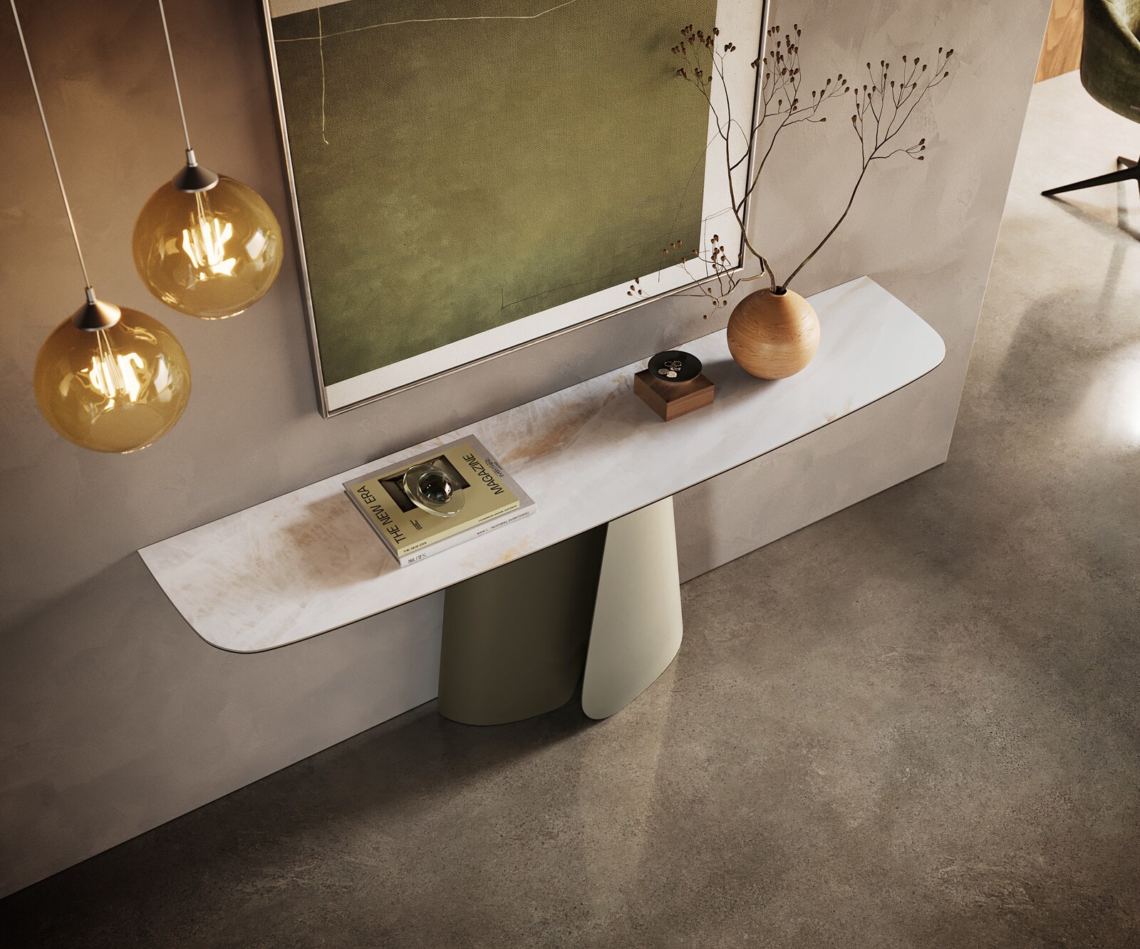 Console Edge forme bateau 180x40 cm Céramique Onyx Pearl Livos Métal Effektfinish Titan 2