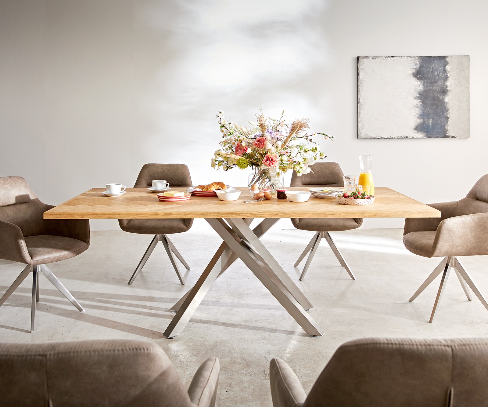 Table à manger Edge-pure 200x100 chêne nature Fishbone cadre croisé rectangle acier inoxydable 2