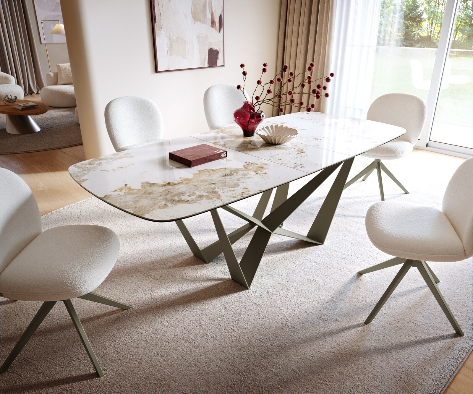 Table à manger Edge Boot 180-220x100 cm Céramique Minas Melange Blanc-Beige Spider Métal Finition effet Titan extensible 6