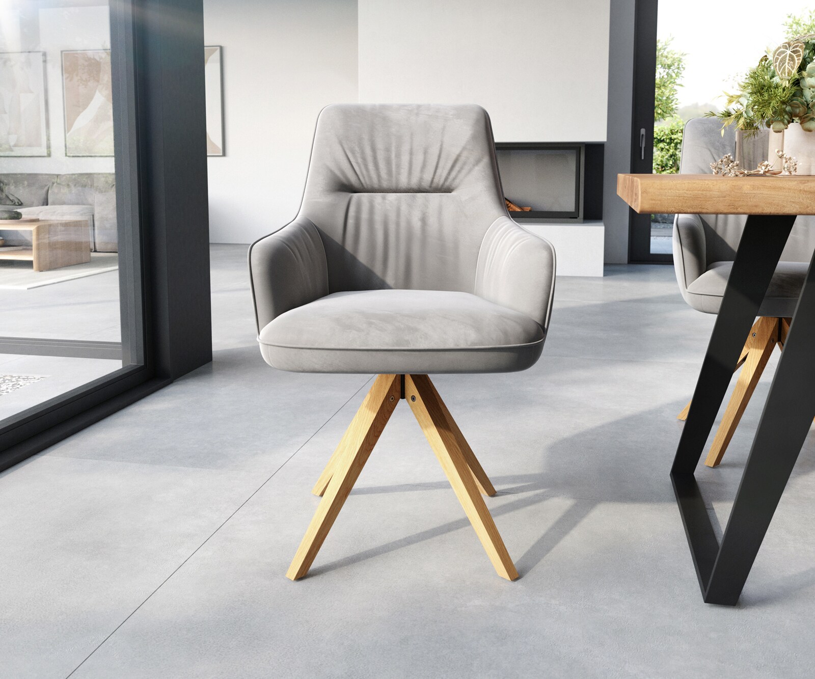 Chaise-de-salle-à-manger Zelia-Flex avec accoudoirs velours gris pied en bois angulaire naturel ressorts ensachés 1 Chaise-de-salle-à-manger Zelia-Flex avec accoudoirs velours gris pied en bois angulaire naturel ressorts ensachés 1