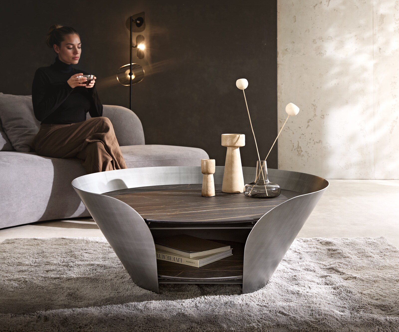 Table-basse Skafi 100x40 cm Céramique Laminam® Noir Désir Marron Métallique Argenté 1