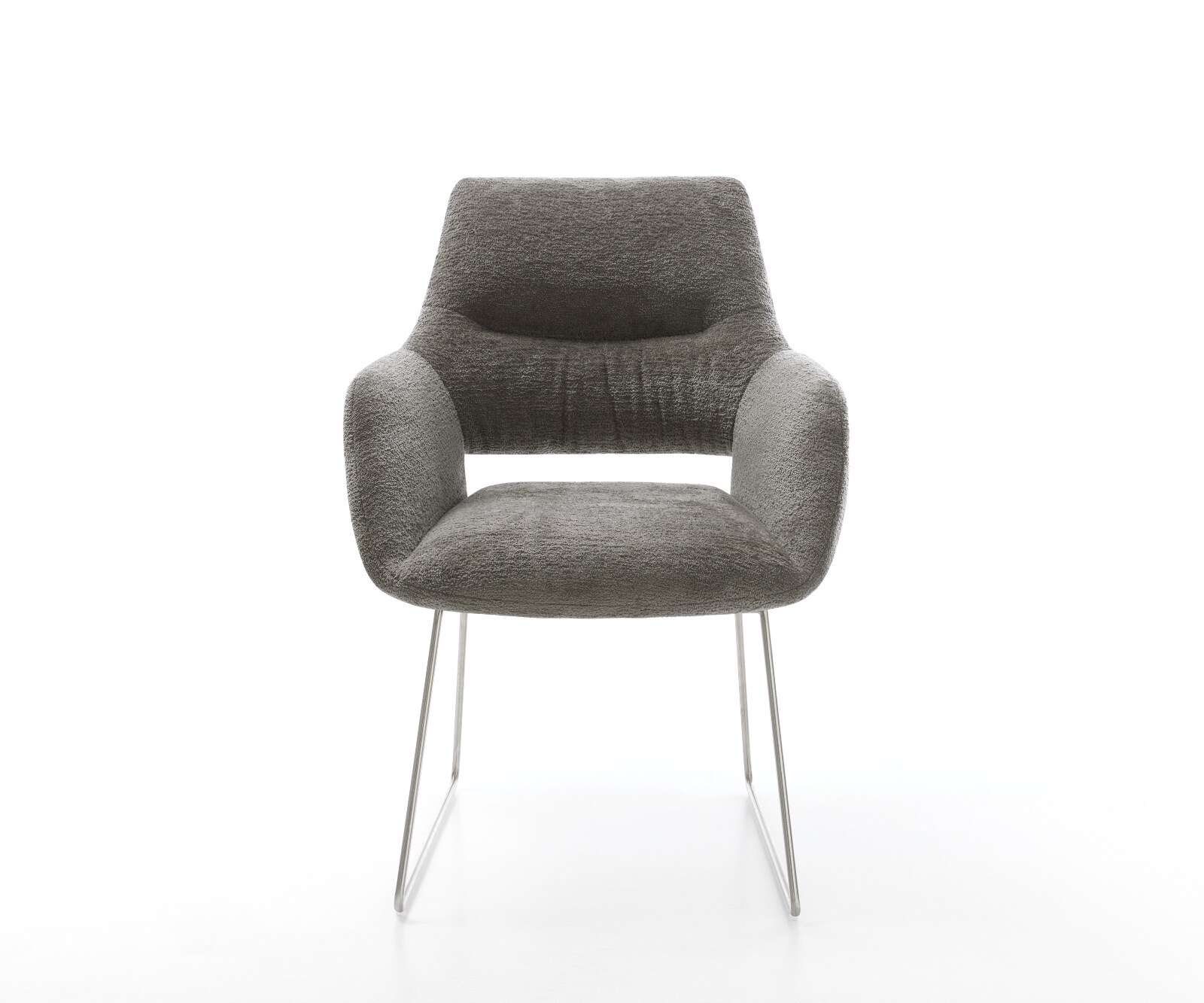 Chaise-de-salle-à-manger Yago-Flex avec accoudoirs bouclé doux couleur boue pied trapèze acier inoxydable resorts ensachés 2