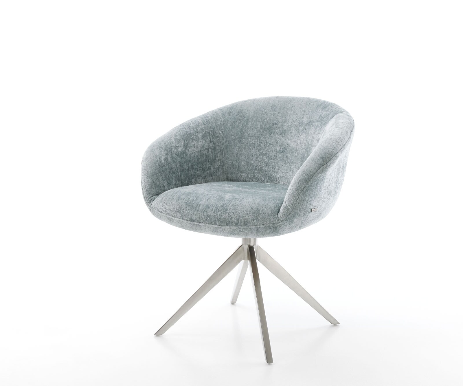 Chaise-pivotante Vinka-Flex avec accoudoirs chenille bleu pastel pied croisé large acier inoxydable brossé pivotement sur 360° fonction bascule ressorts ensachés