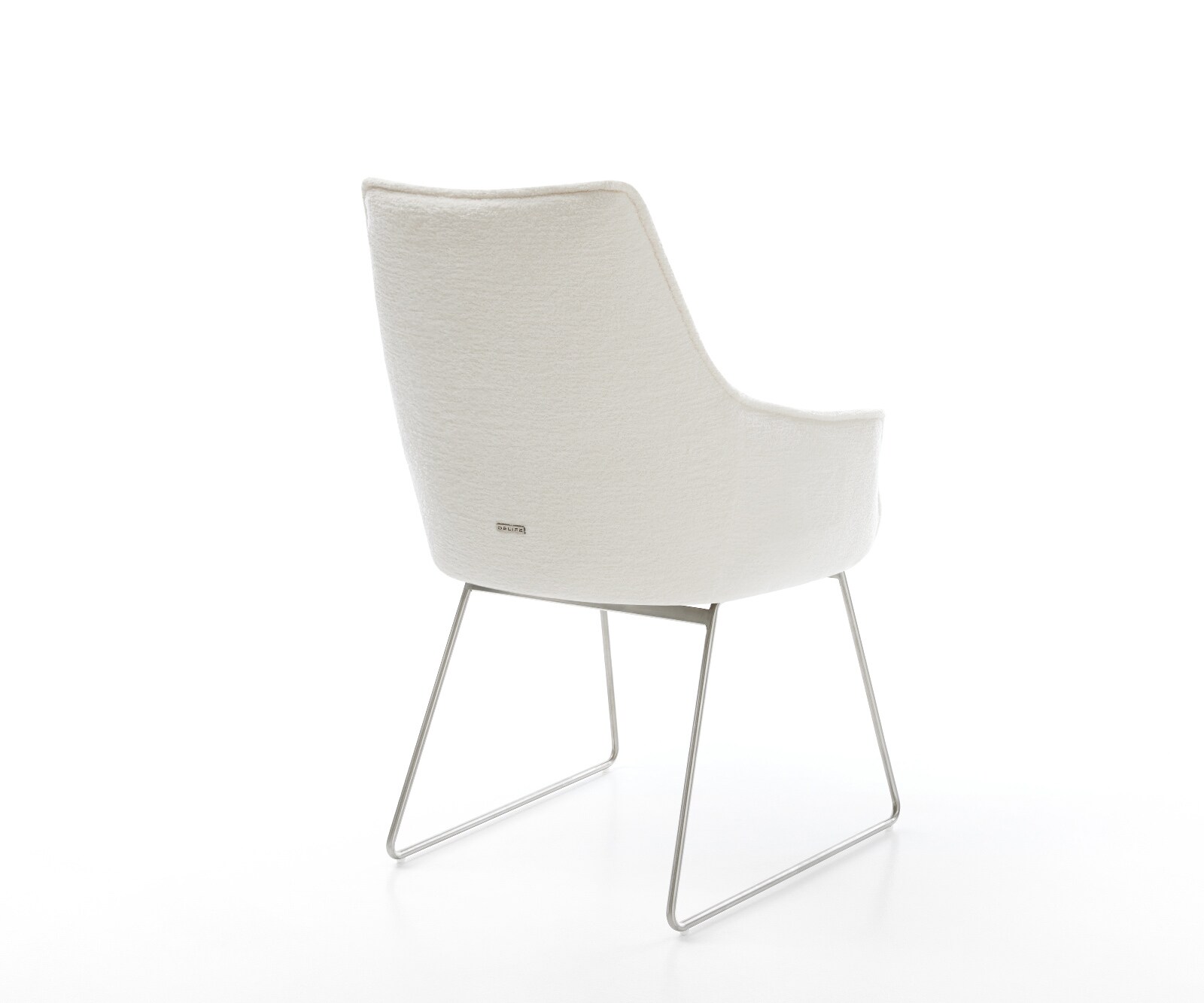 Chaise-de-salle-à-manger Alja-Flex avec accoudoirs bouclé doux beige pied trapèze acier inoxydable resorts ensachés 4