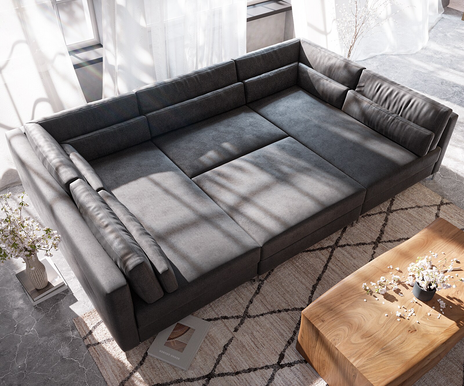 Canapé-panoramique Elio 300x185 cm similicuir vintage anthracite avec pouf 5