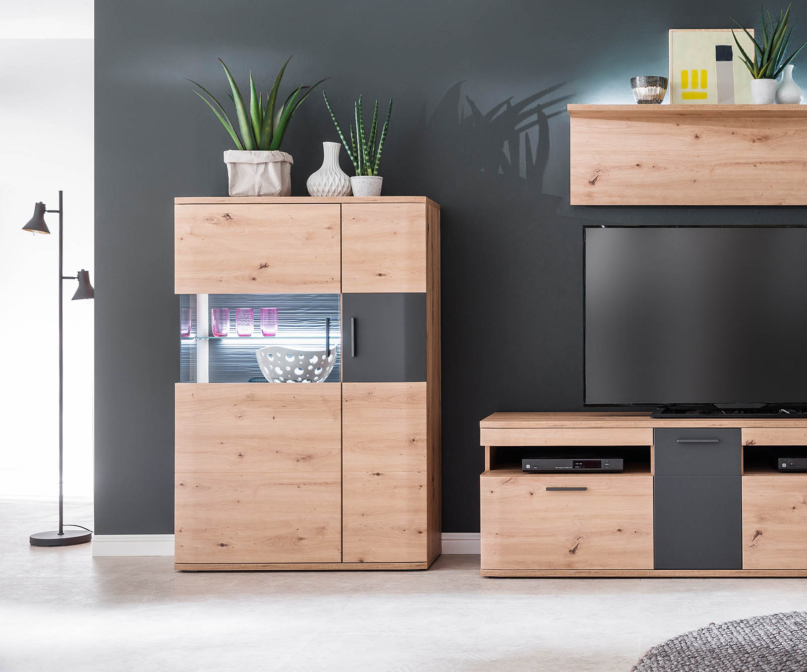 Buffet-haut Farum 90 x 130 cm look chêne 3 portes vitrées  1