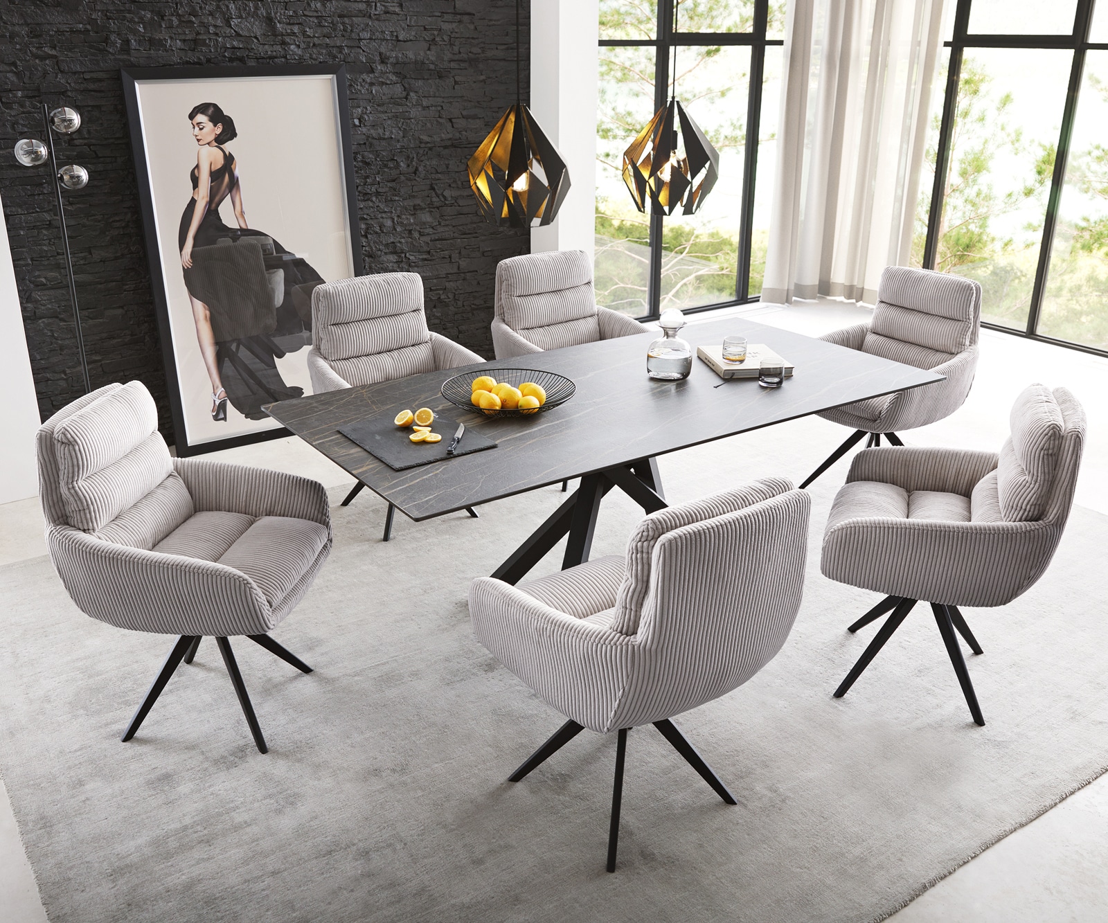 Chaise-de-salle-à-manger Abelia-Flex avec accoudoirs côtelé gris argenté pied croisé angulaire noir 3 Chaise-de-salle-à-manger Abelia-Flex avec accoudoirs côtelé gris argenté pied croisé angulaire noir 3