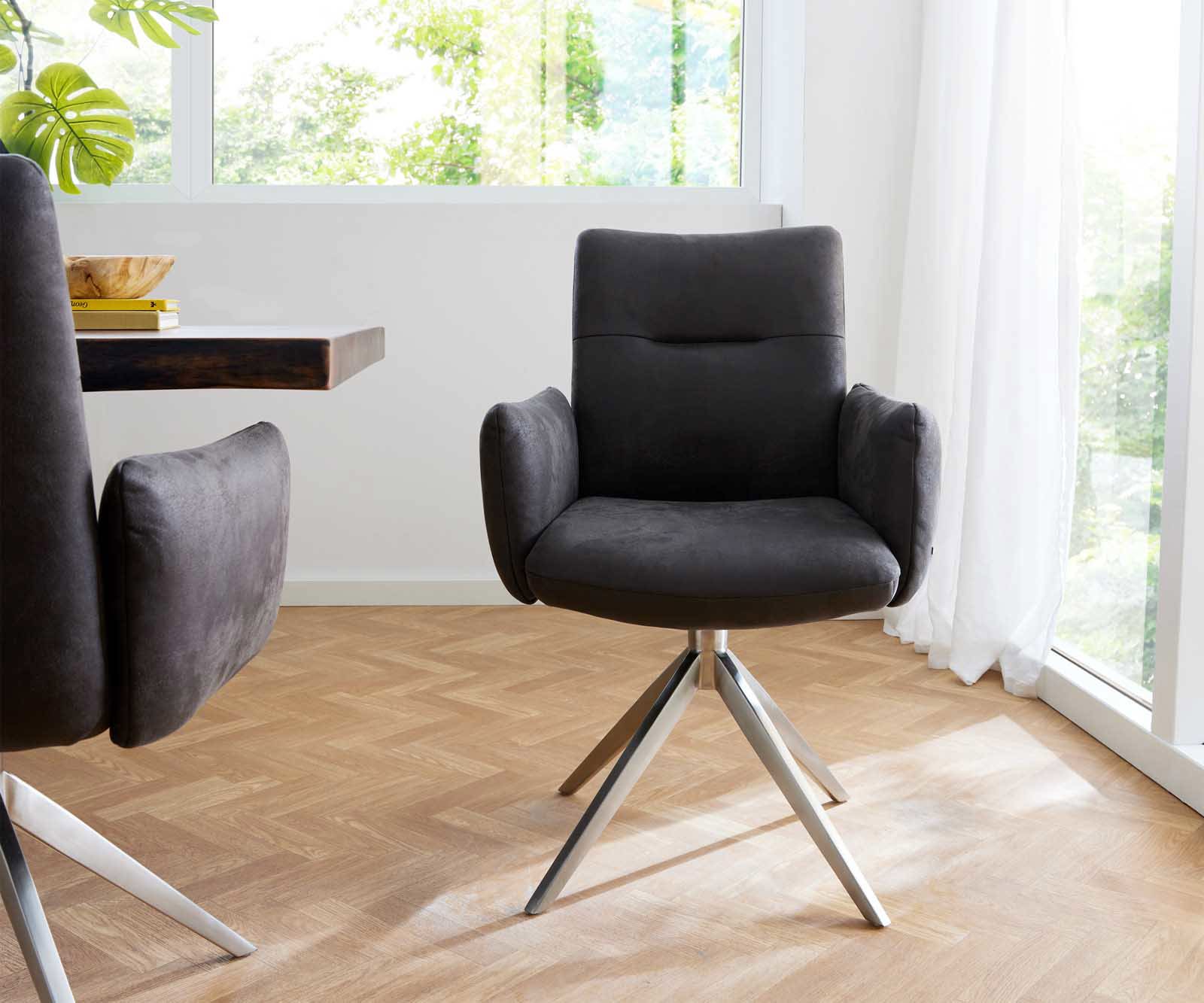 Chaise-pivotante Jova-Flex avec accoudoirs microvelours anthracite vintage pied croisé large acier inoxydable brossé pivotement sur 360° ressorts ensachés 1 Chaise-pivotante Jova-Flex avec accoudoirs microvelours anthracite vintage pied croisé large acier inoxydable brossé pivotement sur 360° ressorts ensachés 1