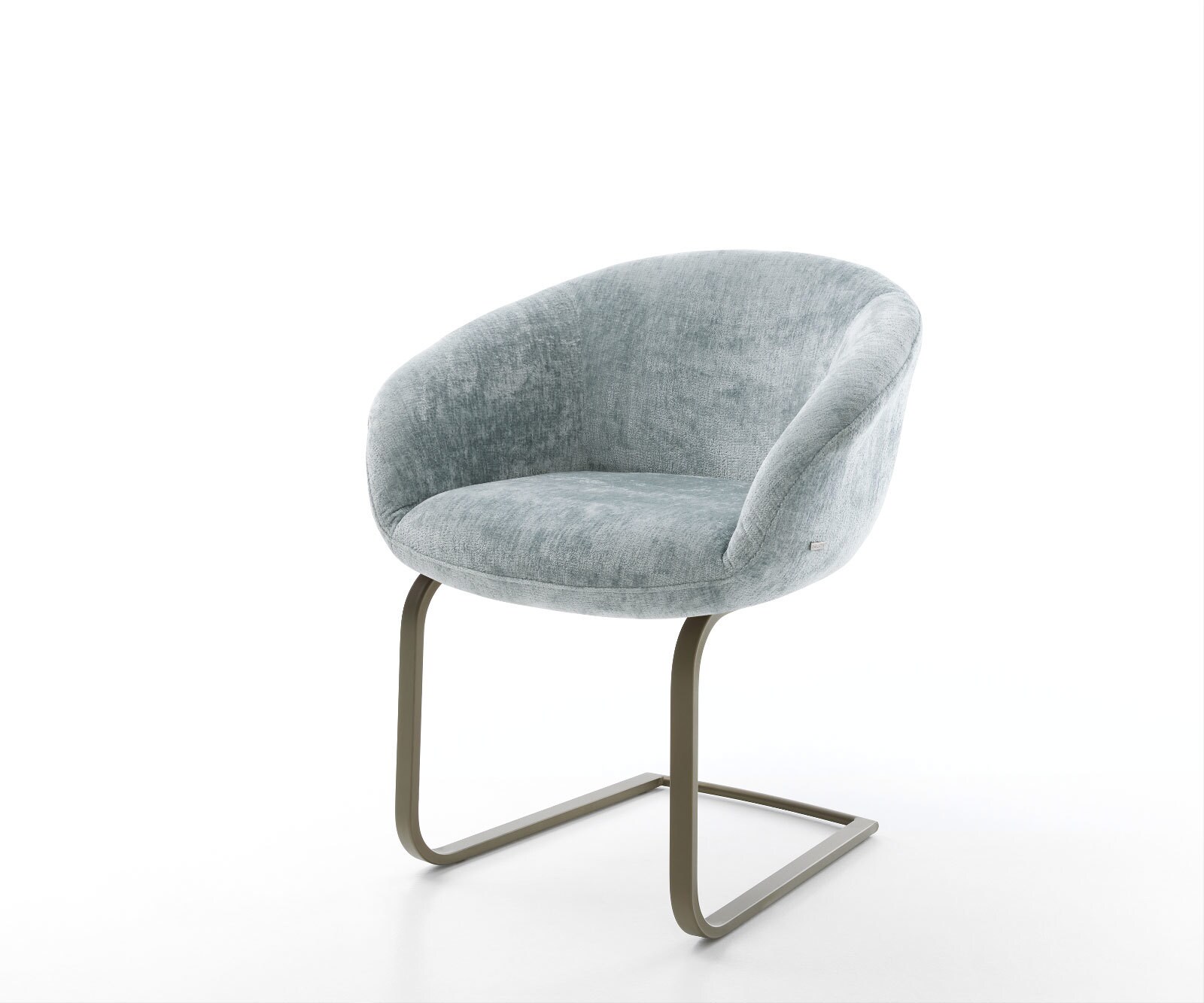 Cantilever Vinka-Flex avec accoudoirs chenille bleu pastel pied cantilever plat aspect titane ressorts ensachés