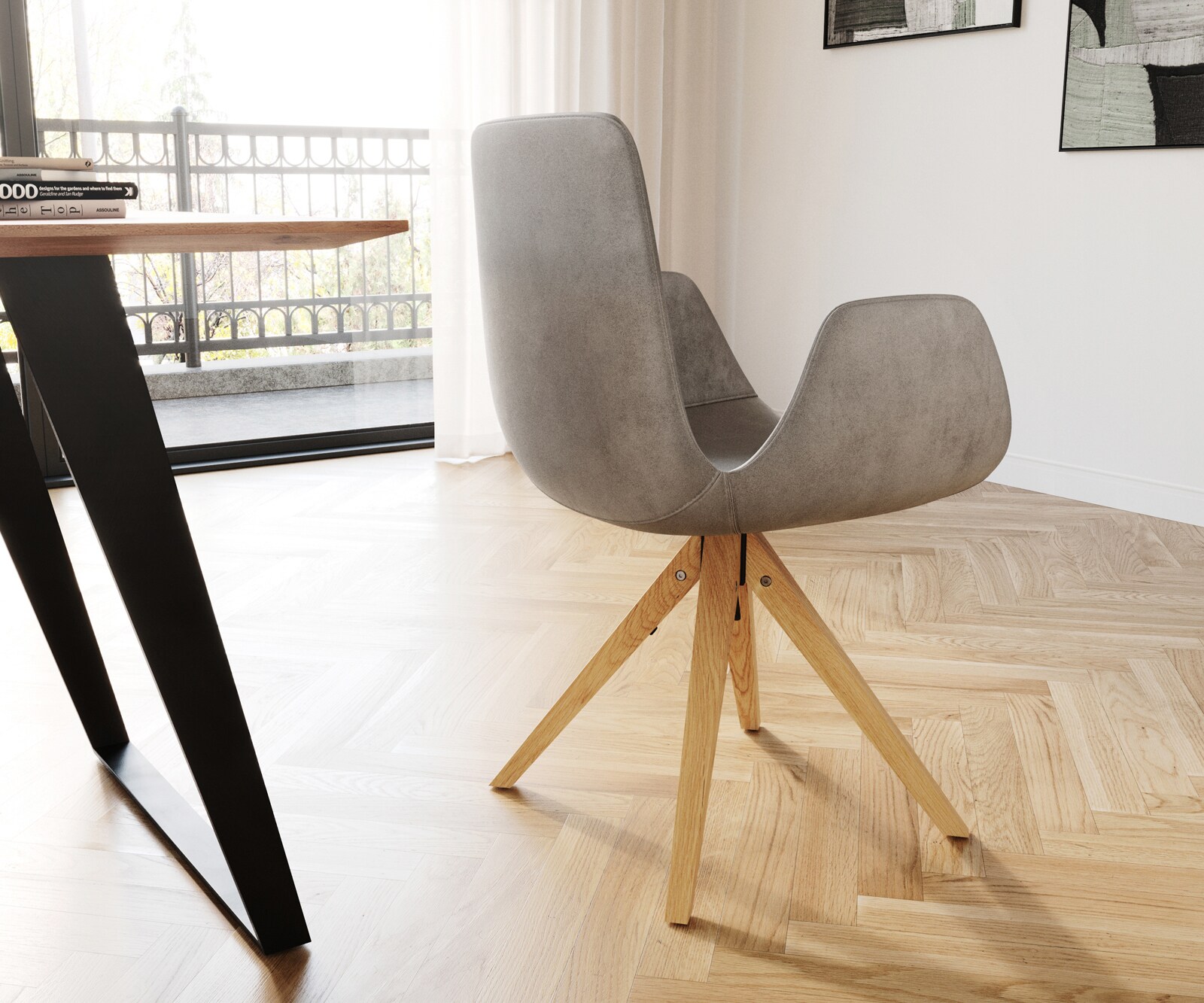 Chaise-de-salle-à-manger Ilia-Flex avec accoudoirs velours gris pied en bois anguleux naturel 4 Chaise-de-salle-à-manger Ilia-Flex avec accoudoirs velours gris pied en bois anguleux naturel 4