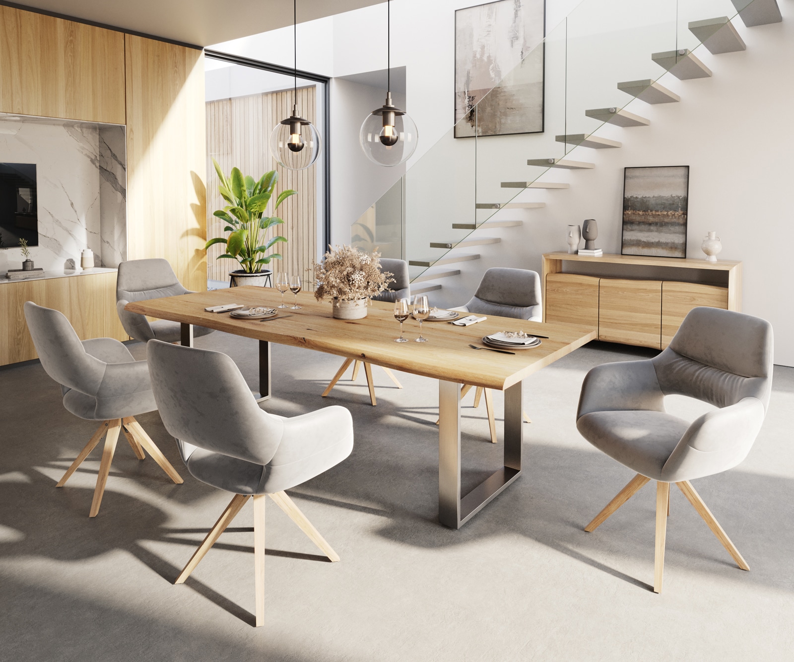 Chaise-de-salle-à-manger Yago-Flex avec accoudoirs velours gris pied en bois angulaire naturel ressorts ensachés 3 Chaise-de-salle-à-manger Yago-Flex avec accoudoirs velours gris pied en bois angulaire naturel ressorts ensachés 3