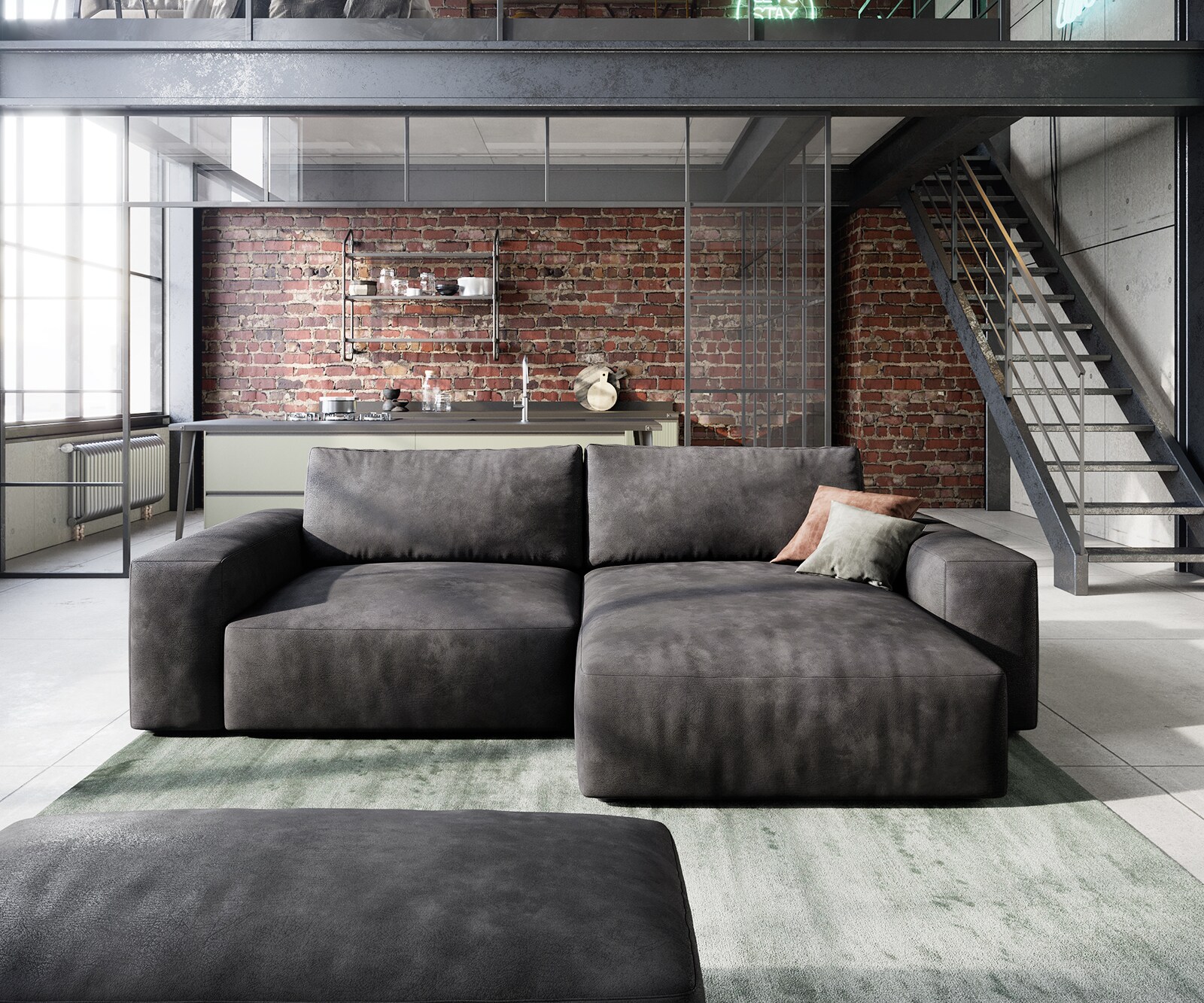 Canapé d’angle Lanzo 230x155 cm similicuir vintage anthracite méridienne réversible avec pouf 2