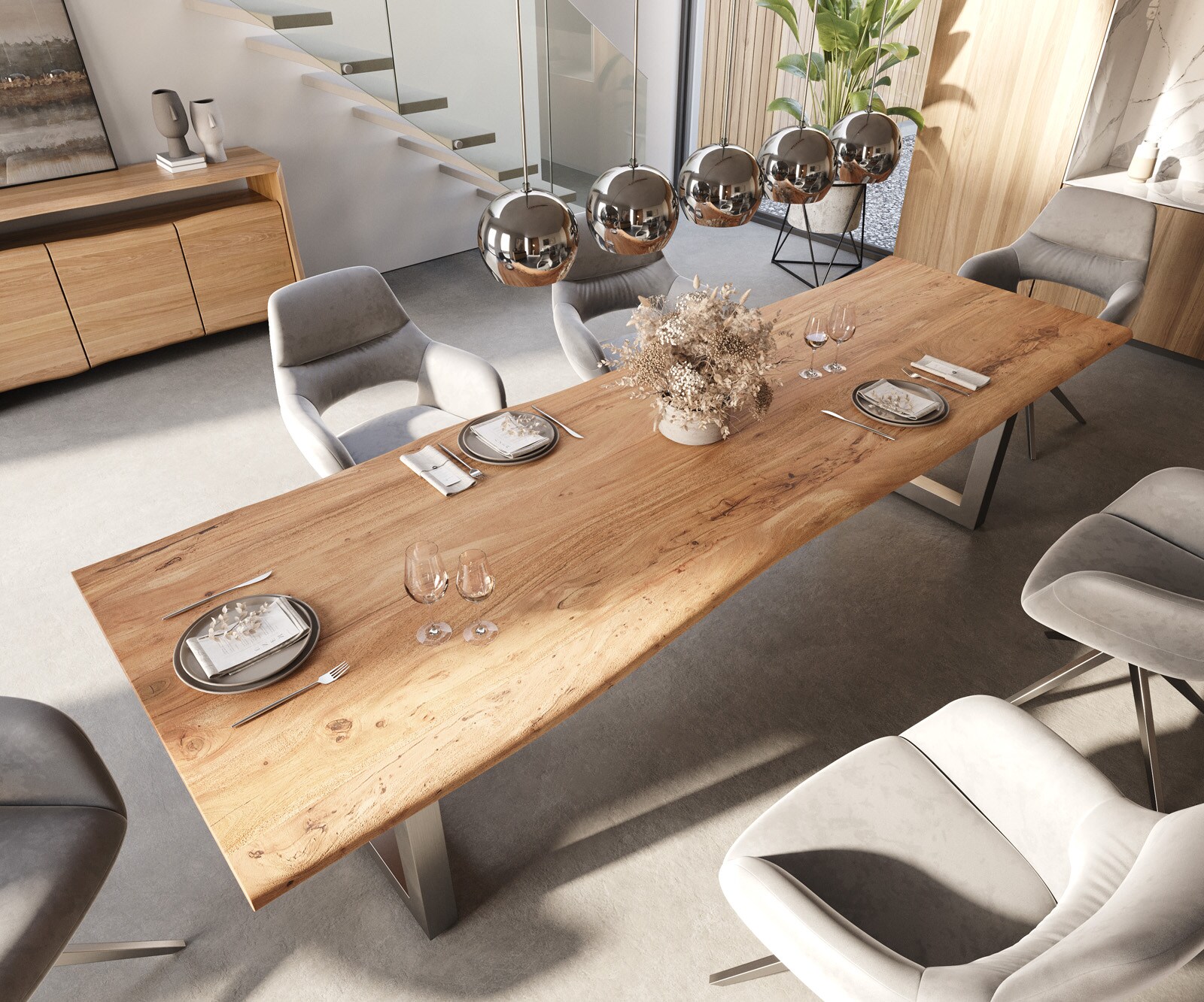 Table-à-manger Edge 300x100 acacia nature acier inoxydable large Live-Edge 4