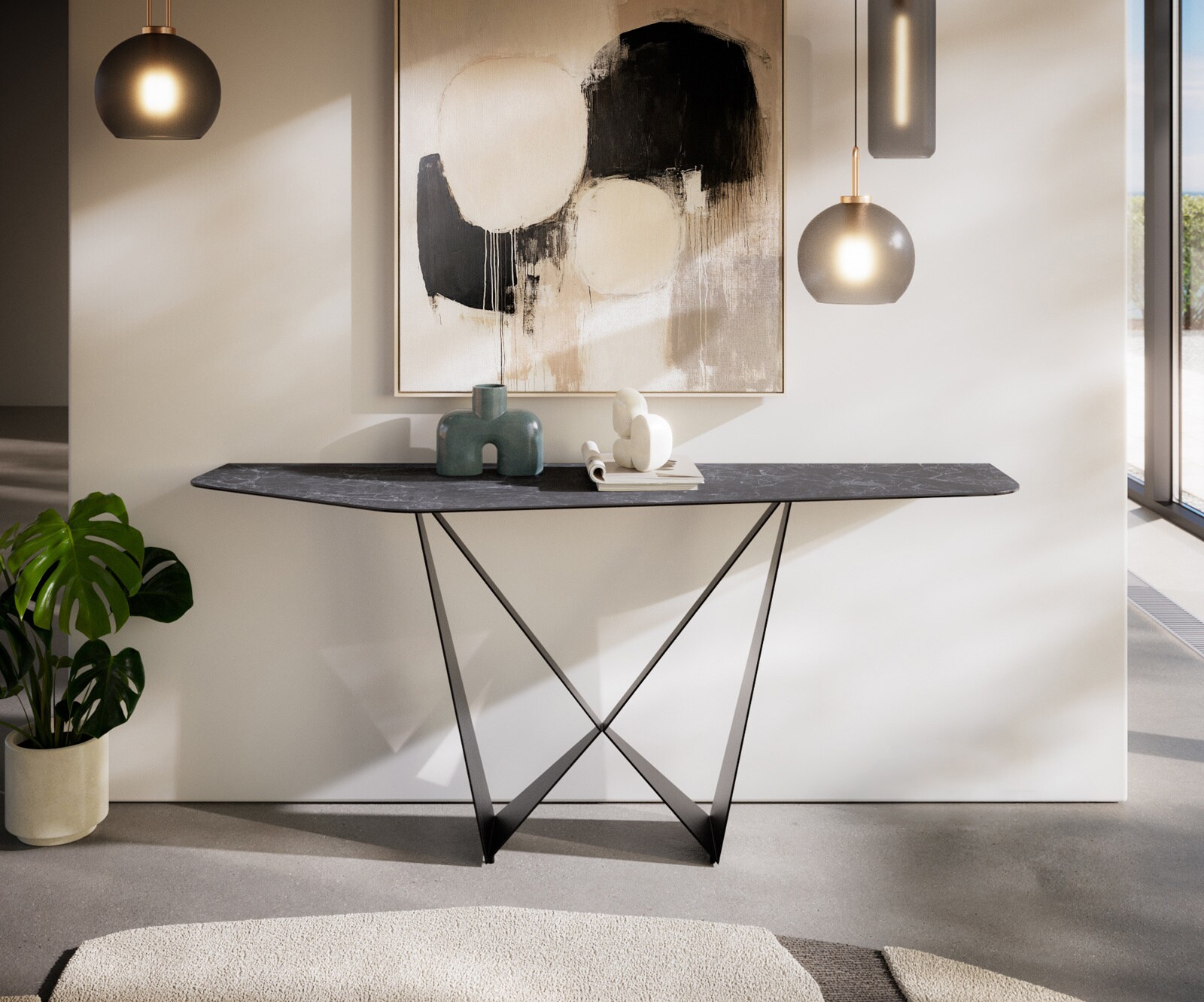 Console Edge Polygonal 180x50 cm Céramique Laminam® Nero Greco Anthrazit Spios Métal Noir 1
