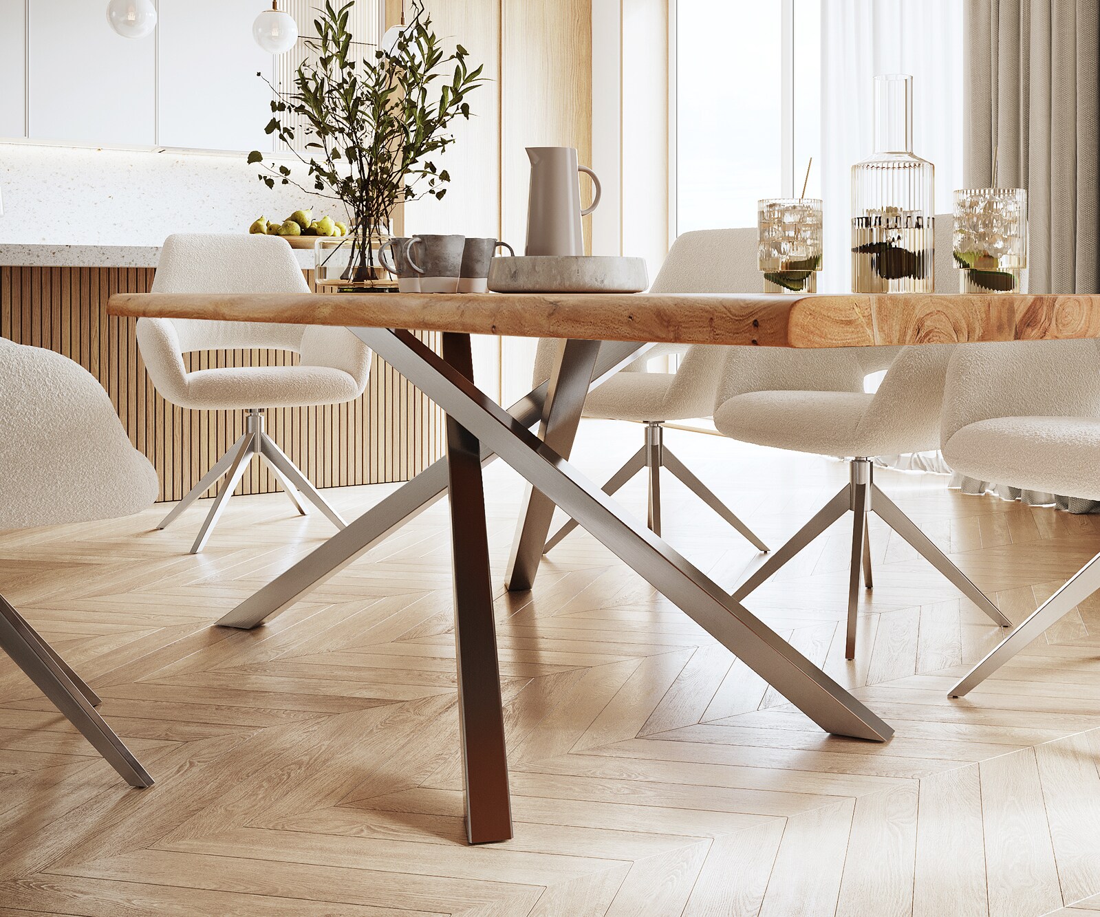Table à manger Edge 300x100 XL acacia nature cadre croisé rectangle acier inoxydable Live-Edge 5