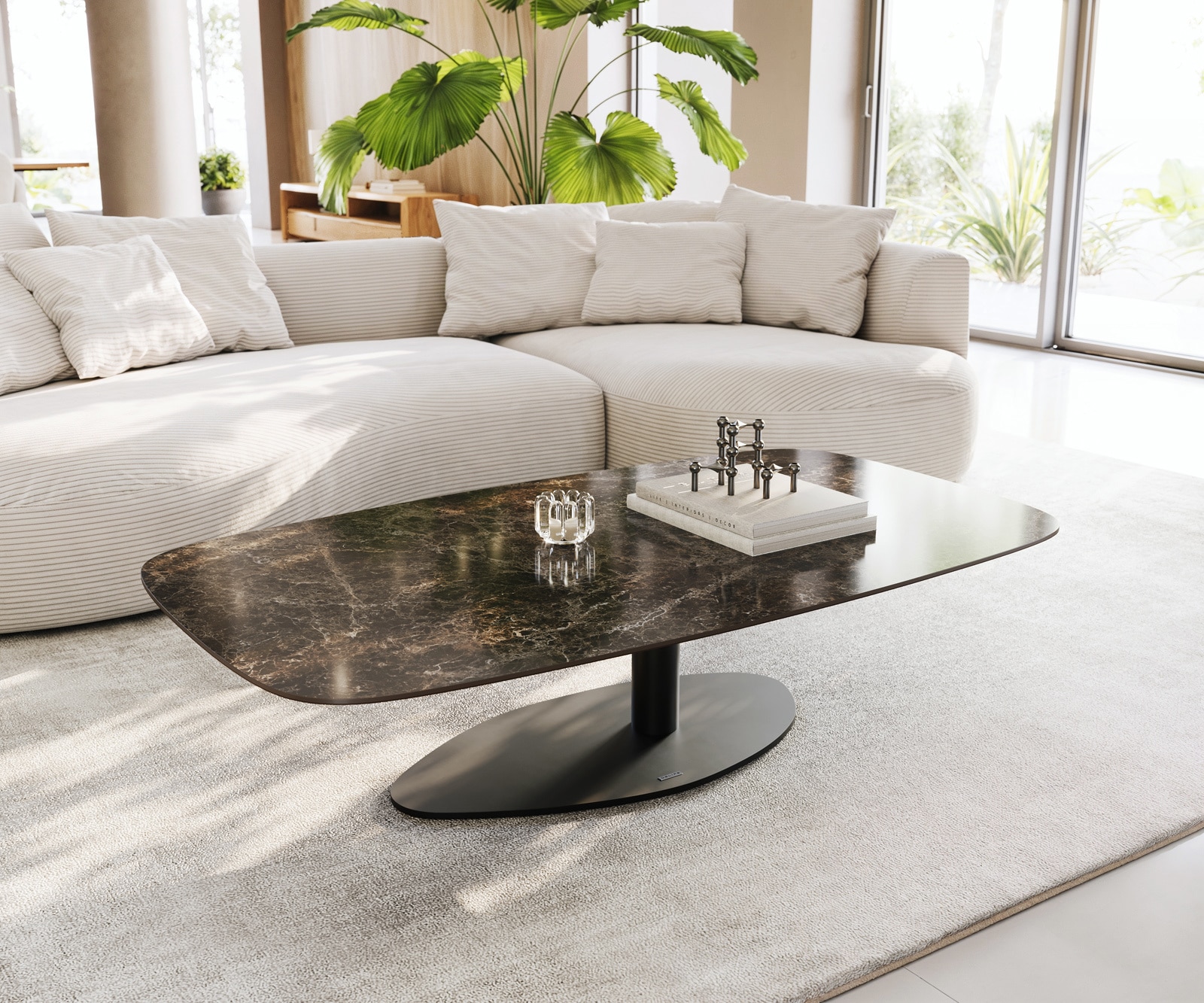 Table basse Edge bateau 140x80 cm céramique Emperador Extra Lucidato brun foncé Vibany métal noir