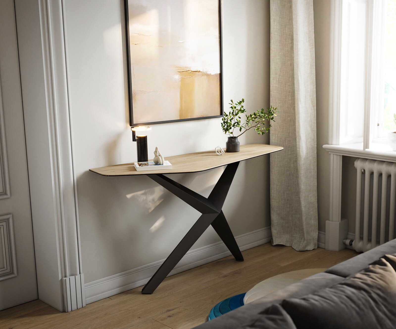 Console Edge Polygonal 140x50 cm Céramique Laminam® Sabbia Eichefarbig Zentharo Métal Noir 4